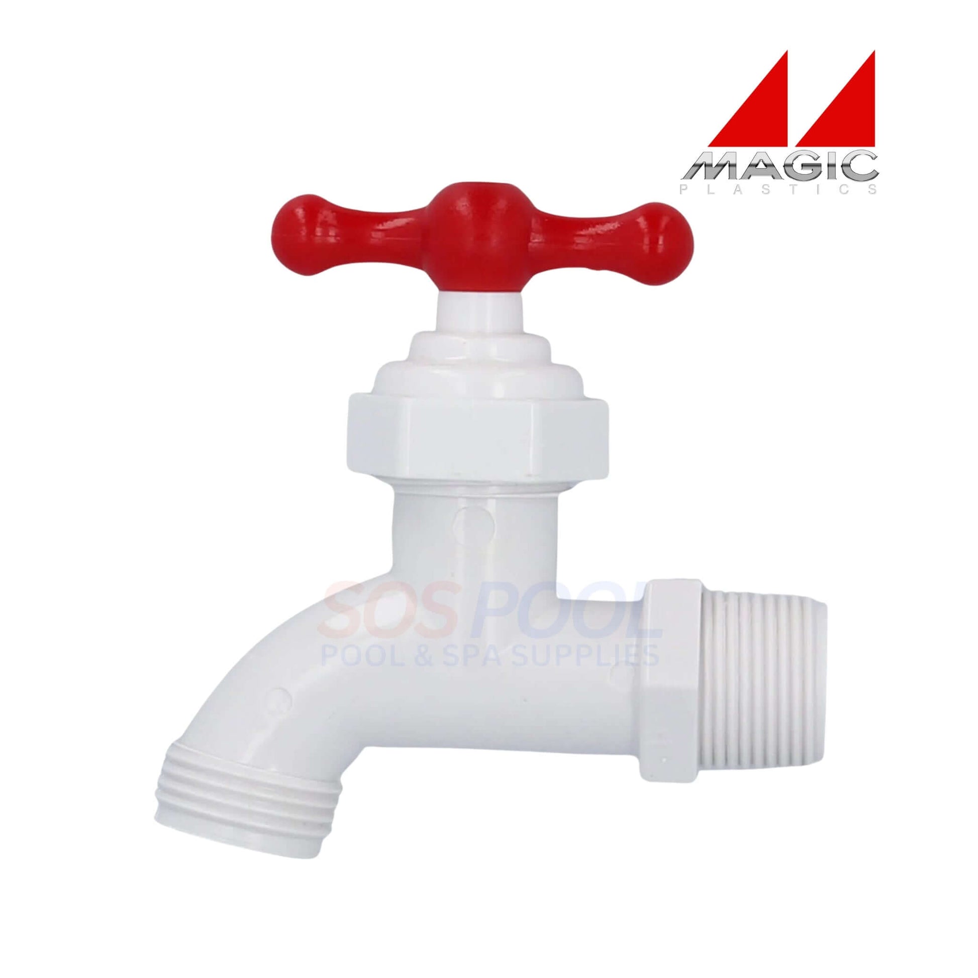 Magic Plastics 3/4" MPT PVC Hose Bibb Adapter 0203-07, red handle, leak-resistant for pool and spa use, SOS Pool supplies.