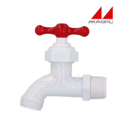 Magic Plastics 3/4" MPT PVC Hose Bibb Adapter 0203-07, red handle, leak-resistant for pool and spa use, SOS Pool supplies.