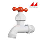 Magic Plastics 3/4" MPT PVC Hose Bibb Adapter 0203-07, white valve with orange handle, ideal for pool supplies and irrigation.
