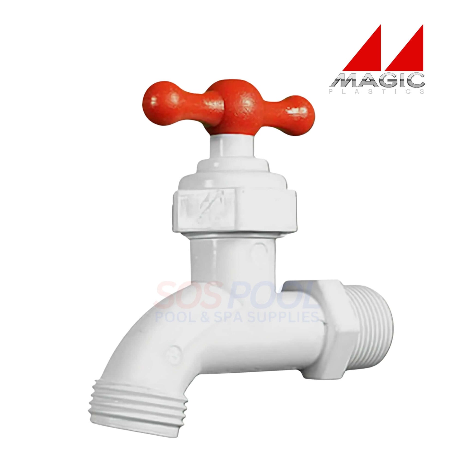 Magic Plastics 3/4" MPT PVC Hose Bibb Adapter 0203-07, white valve with orange handle, ideal for pool supplies and irrigation.
