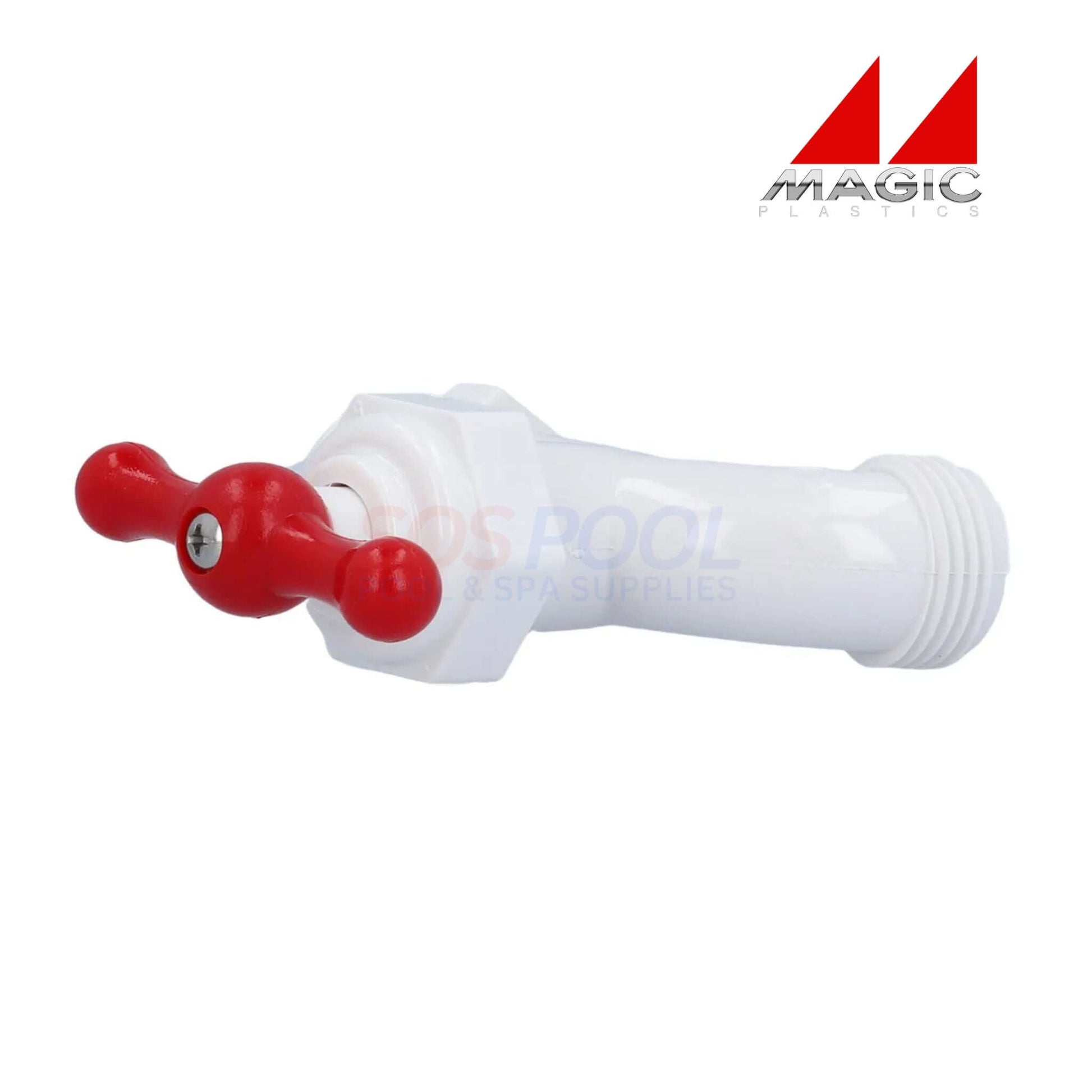 Magic Plastics 3/4" MPT PVC Hose Bibb Adapter 0203-07 in white with red handles for pool supplies and irrigation.