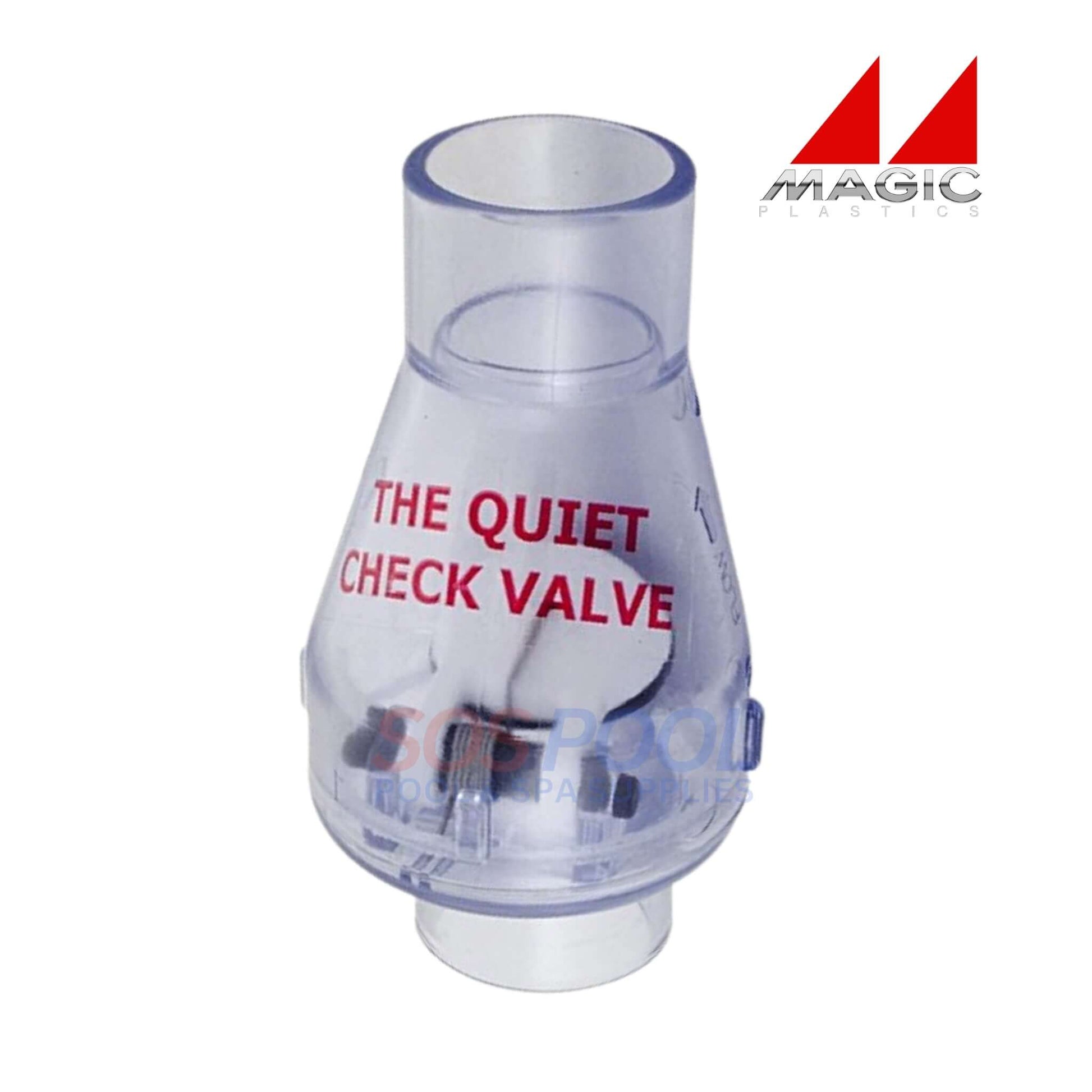 Magic Plastics 0821-10C clear slip x slip check valve for pool and spa plumbing, ensuring leak-free connections and easy inspection.