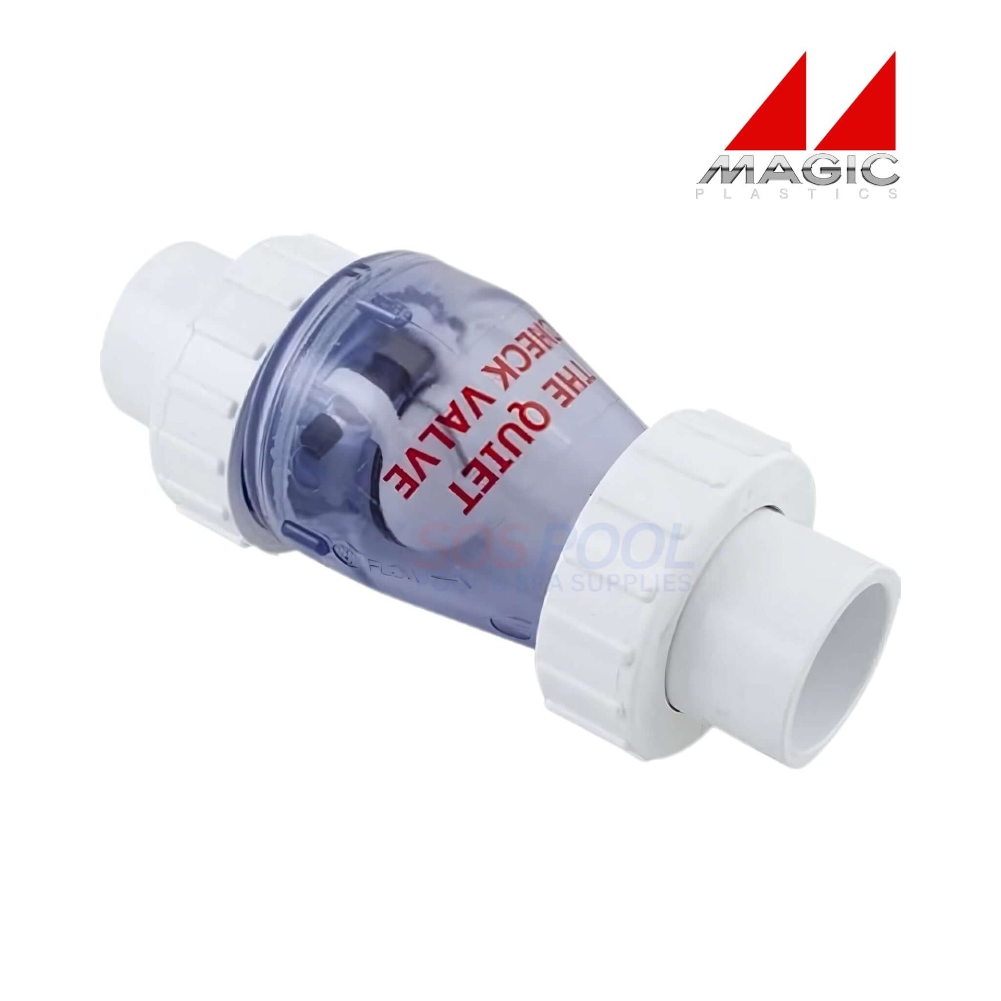 Magic Plastics 1" Union Swing Spring Check Valve 0823-10C, clear housing, ideal for pool supplies and irrigation systems.