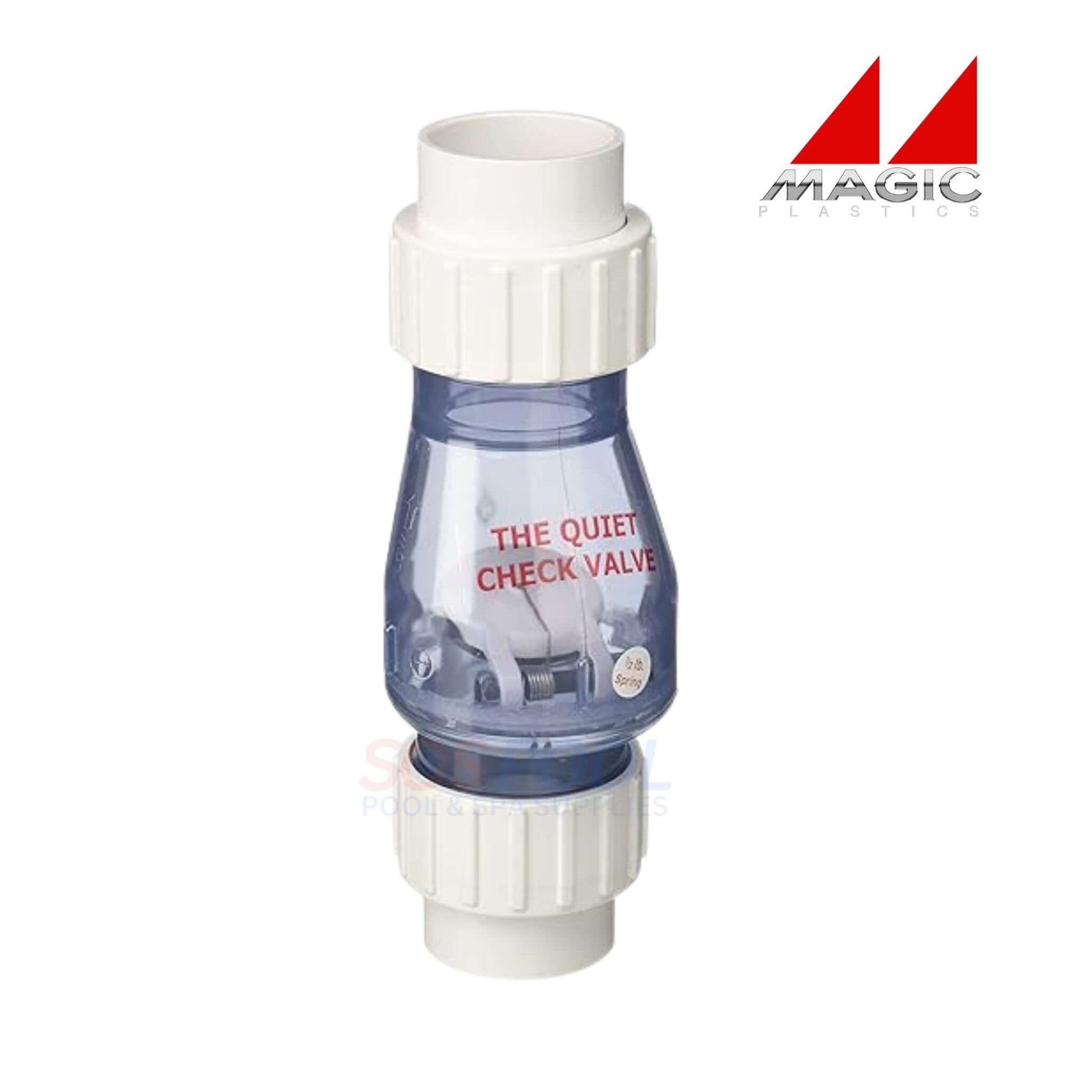 Magic Plastics 0823-10C 1" Union Swing Spring Check Valve in clear, designed for pool and spa use, featuring solvent-weld slip connection.
