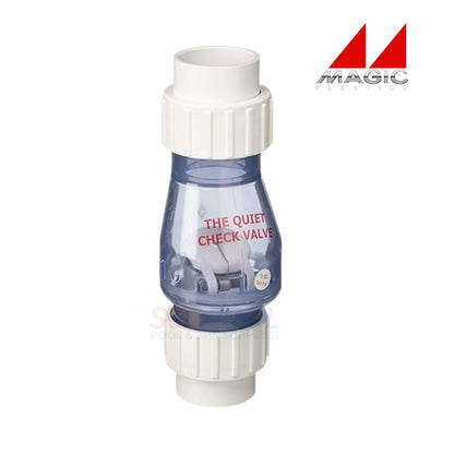 Magic Plastics 0823-10C 1" Union Swing Spring Check Valve in clear, designed for pool and spa use, featuring solvent-weld slip connection.