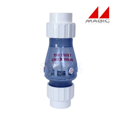 Magic Plastics 1.5" Union Swing Spring Check Valve, clear color, part number 0823-15C, ideal for pool supplies and irrigation.