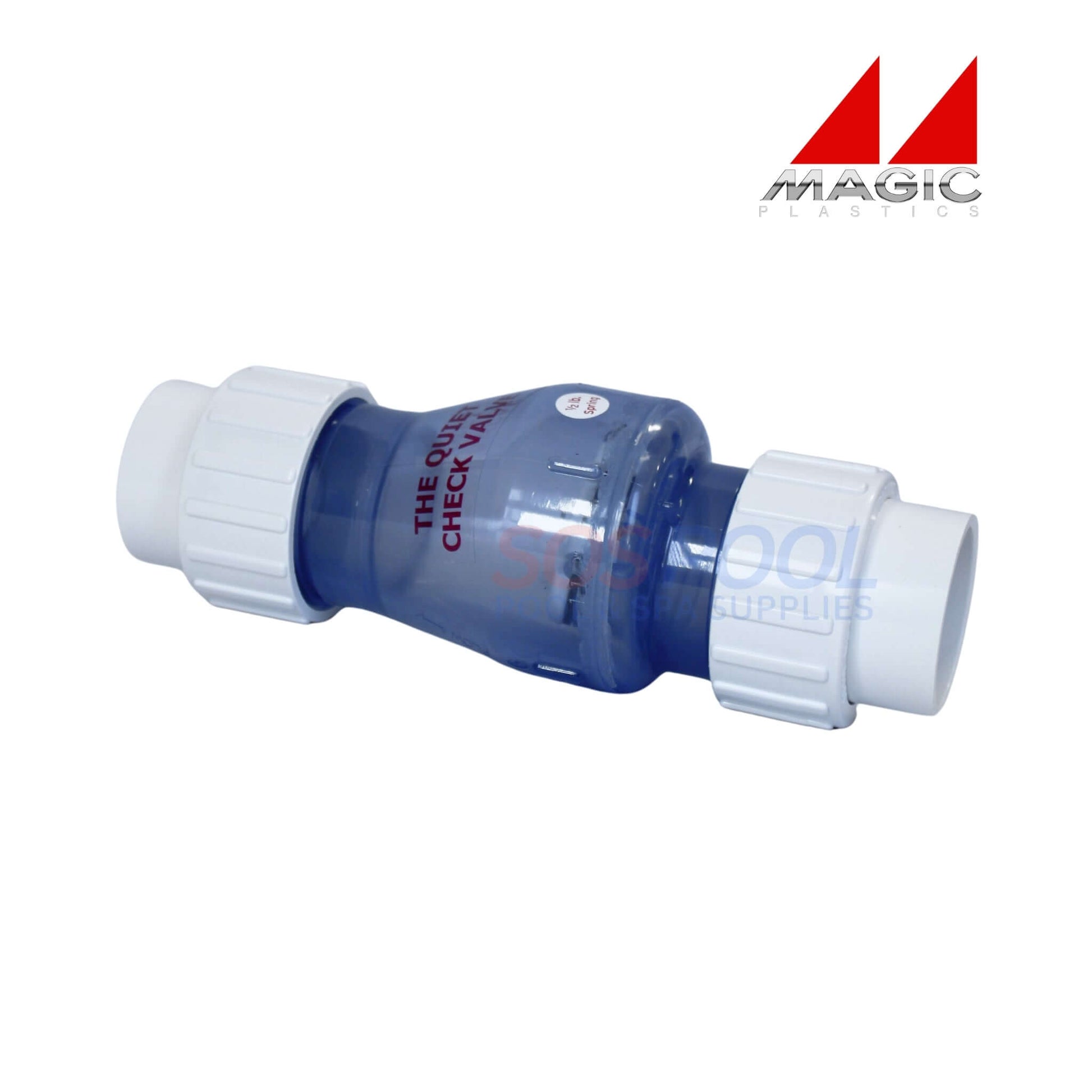 Magic Plastics 1.5" Union Swing Spring Check Valve 0823-15C in clear, ideal for pool supplies and irrigation systems.