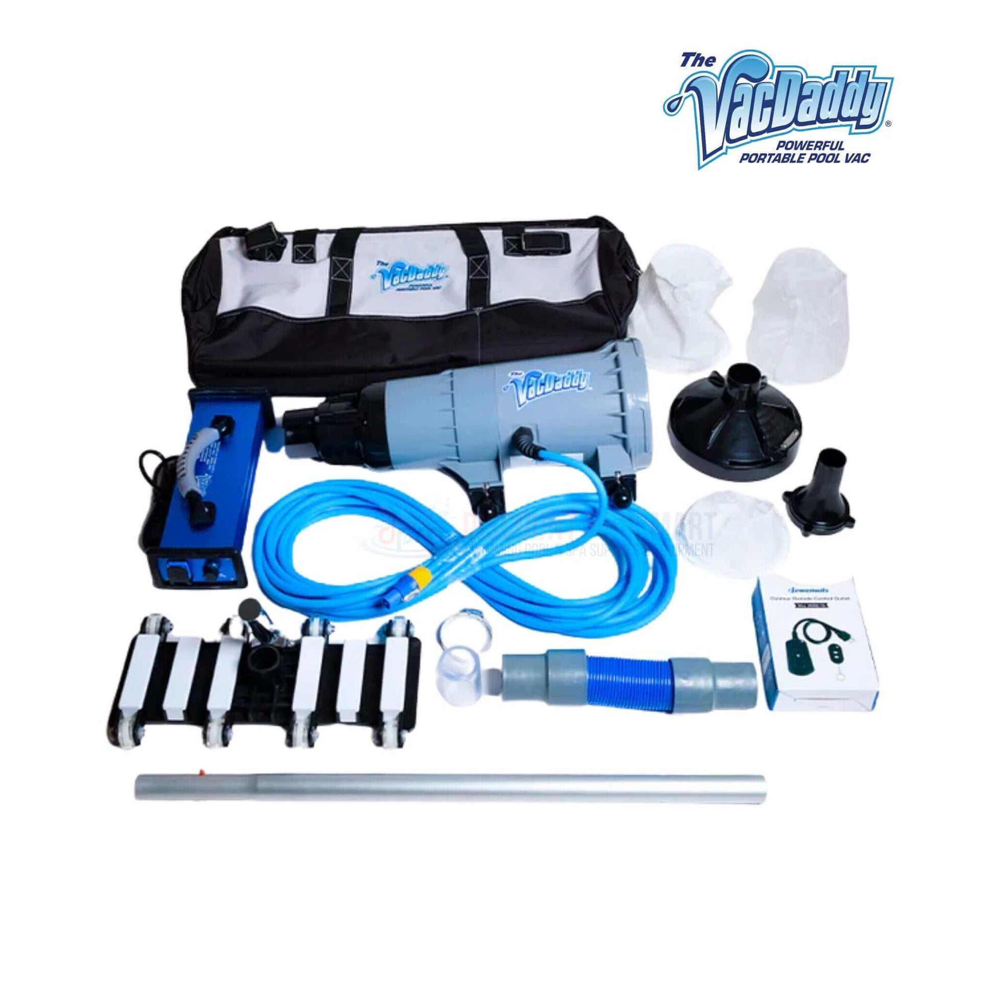 The VacDaddy Portable Pool Vacuum Cleaner Pro Bundle with accessories for efficient pool cleaning, SKU VacDaddy2.0