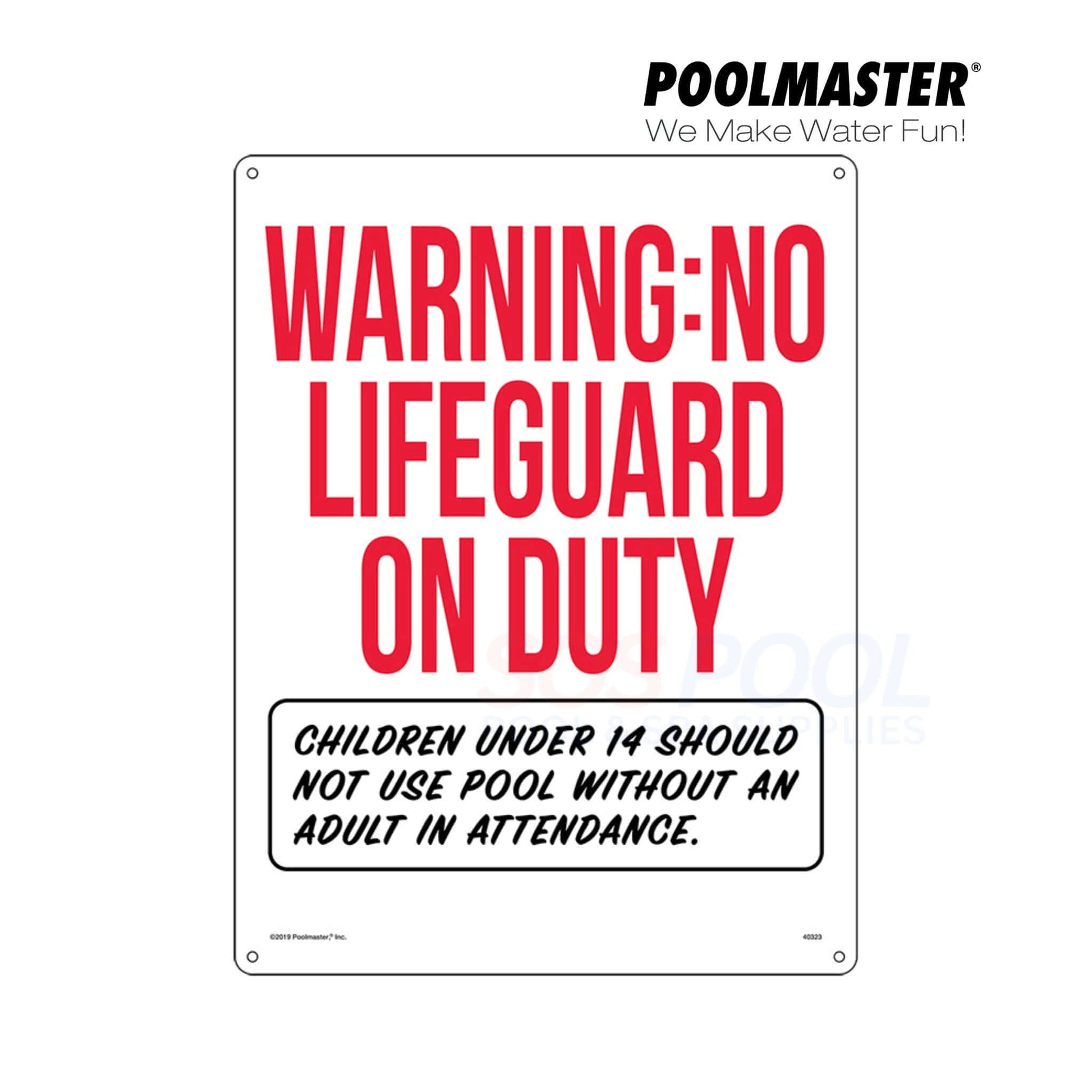 Warning: No Lifeguard on Duty Safety Sign by Poolmaster, 18" x 24", SKU 40323, essential for pool safety.