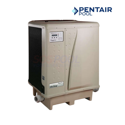 Pentair UltraTemp 140K BTU heat pump, Model 460934, energy-efficient pool heater, tan and black design for residential pools.