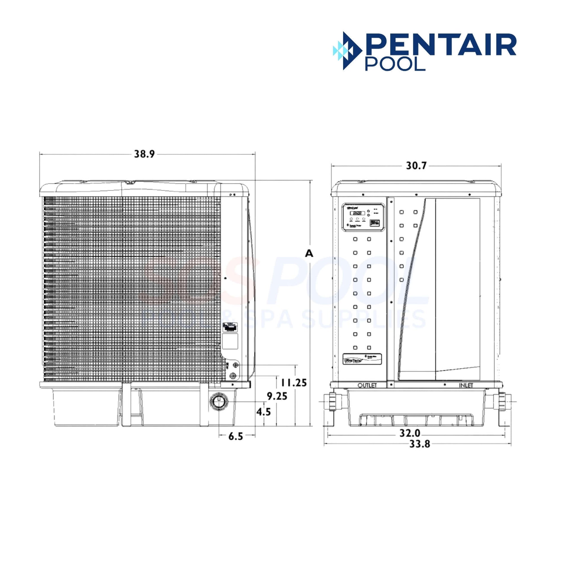 Pentair UltraTemp 140K BTU heat pump model 460934 diagram, showcasing dimensions for pool heating system, SOS Pool, pool supplies.