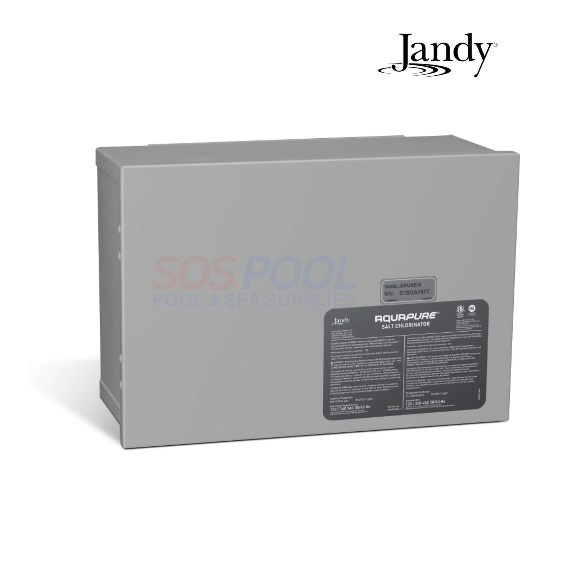 Jandy AquaPure Salt System Power Center APUREM, gray control unit for pool supplies, SOS Pool branding visible.