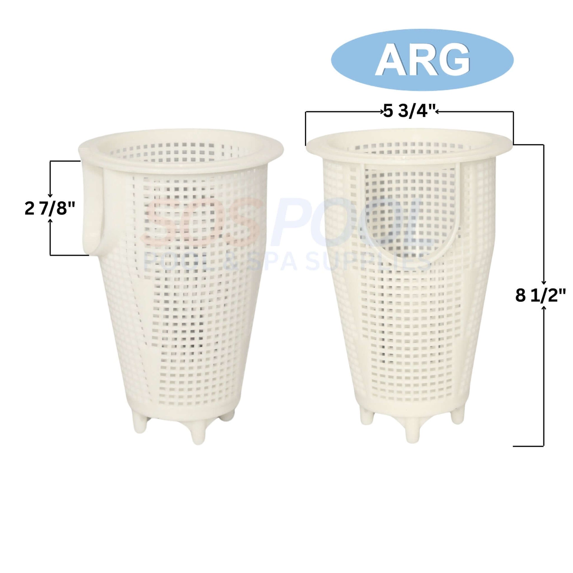 ARG Heavy Duty Basket BHD199 for WhisperFlo and IntelliFlo pumps, dimensions 27/8" height, 5 3/4" top diameter, 81/2" bottom diameter, SOS Pool.