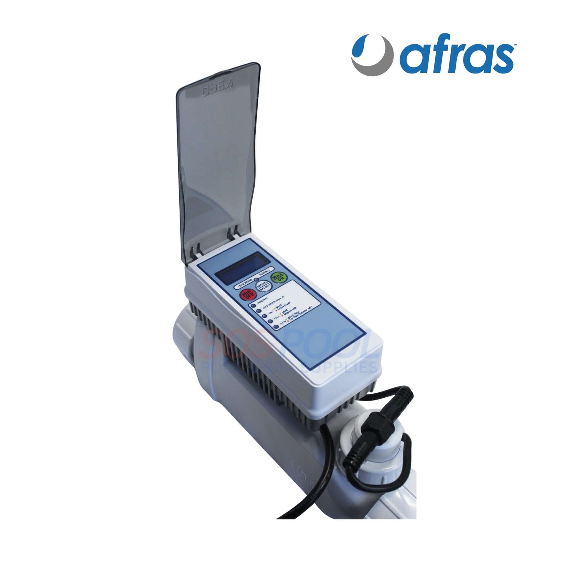 Afras 40K IRCF40 Salt Cell Chlorinator | Pentair 520555 IC40 Replacement | 31400S with digital interface, used for pool maintenance.