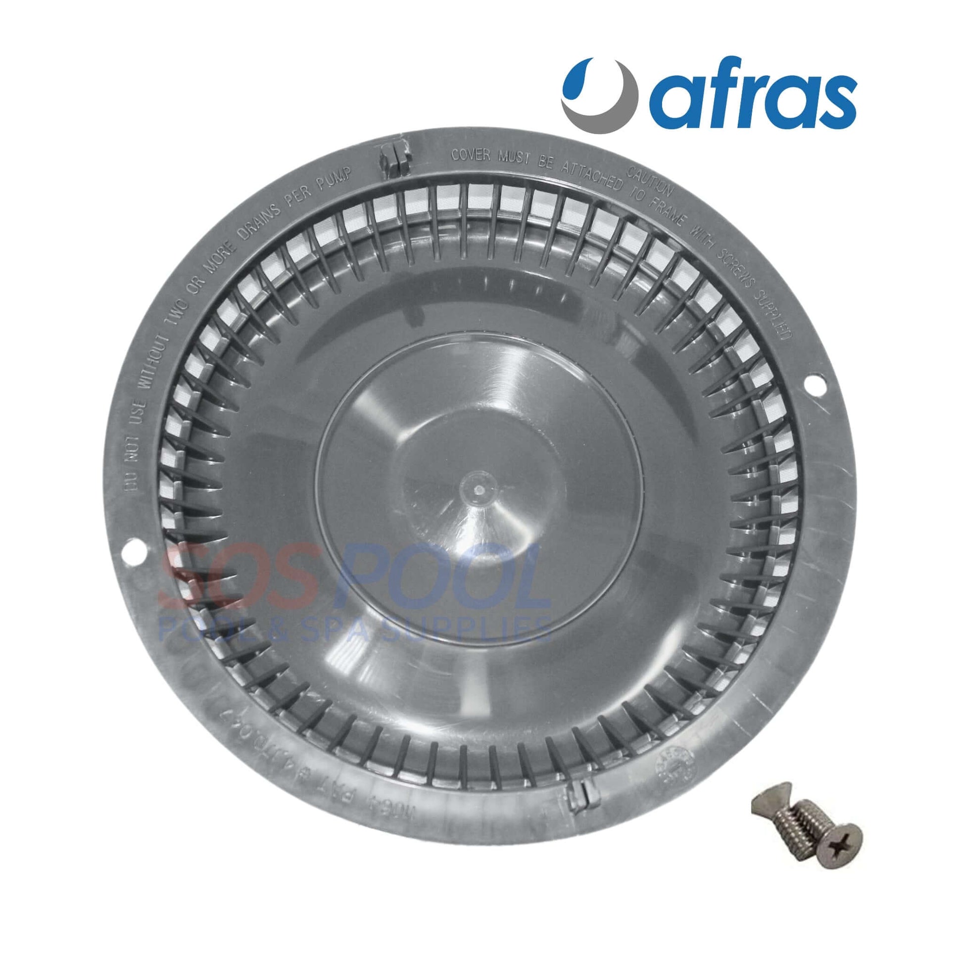 Afras Anti Vortex Drain Cover in light gray, 7 3/8" size, featuring ABS plastic and screws for installation, available at SOS Pool.