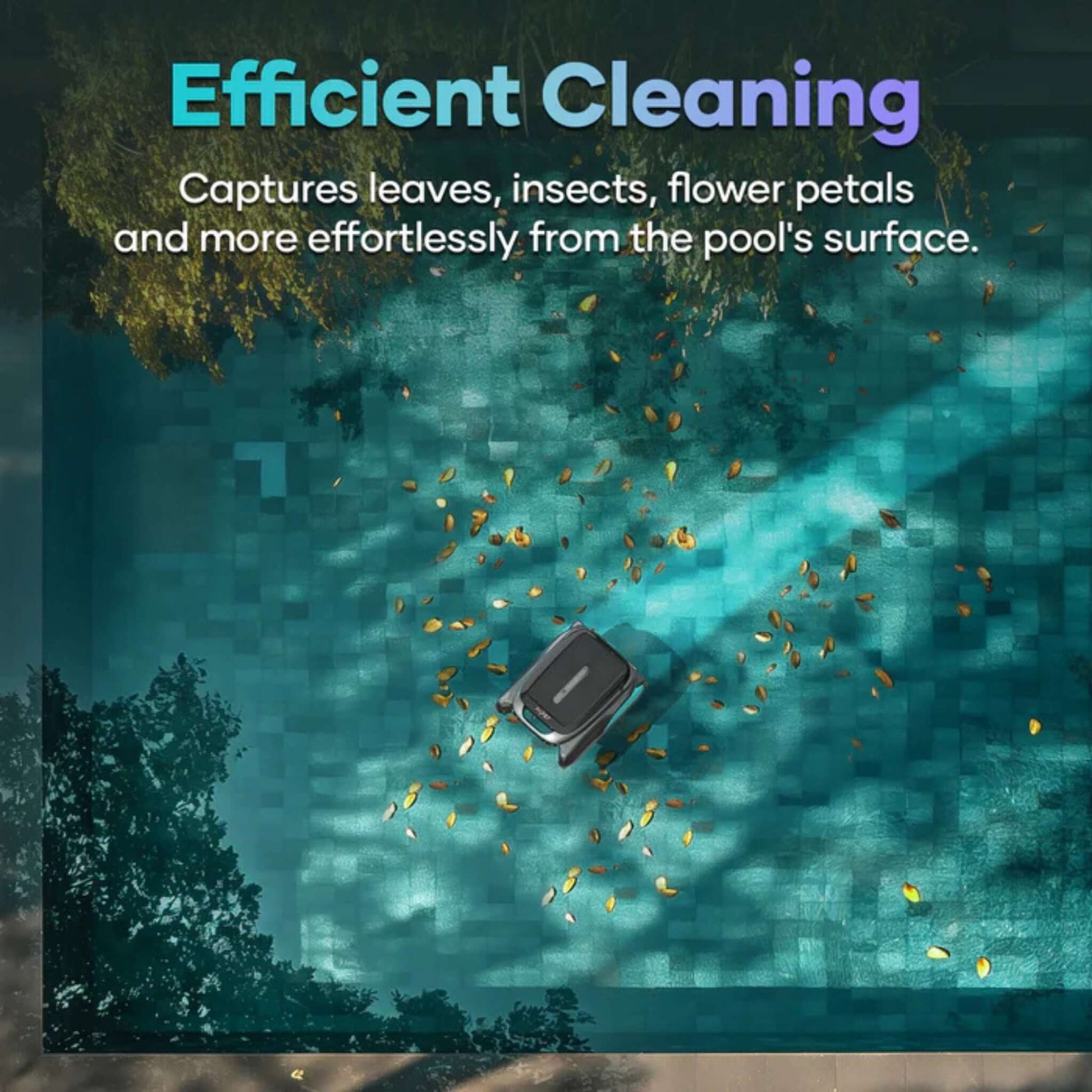 Aiper Cordless Robotic Pool Skimmer Surfer S1 efficiently cleaning pool by capturing leaves, insects, and debris.