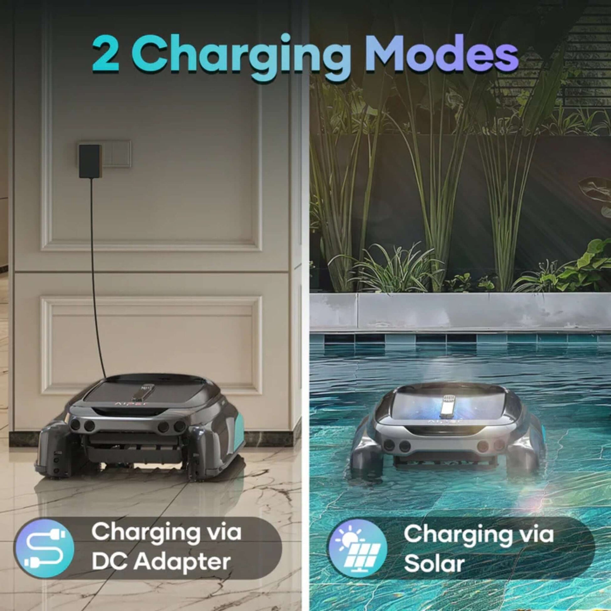 Aiper Cordless Robotic Pool Skimmer Surfer S1 showcasing two charging modes: DC Adapter and Solar, SKU: SOS Pool.
