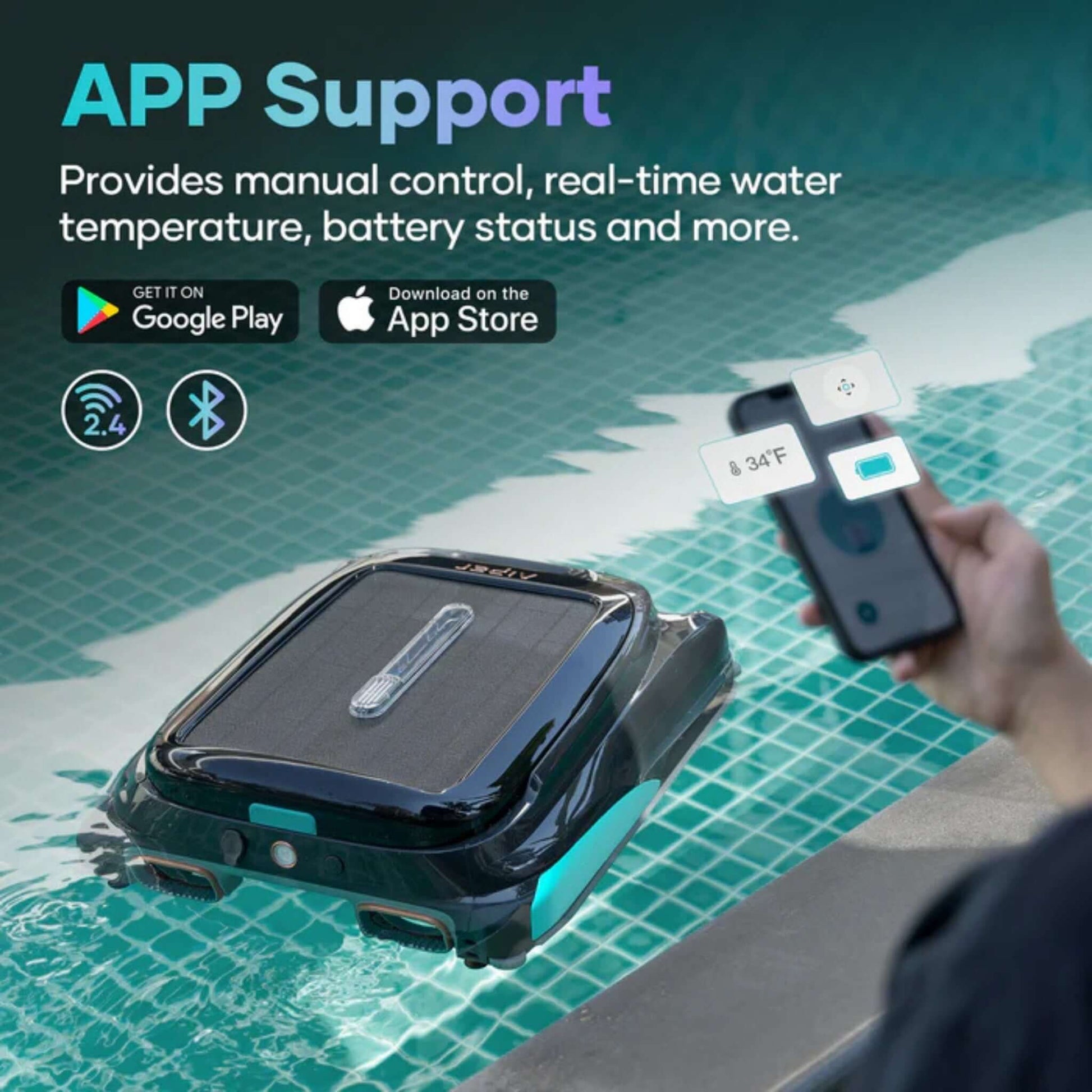 Aiper Surfer S1 Cordless Robotic Pool Skimmer with app support for manual control and water temperature monitoring.