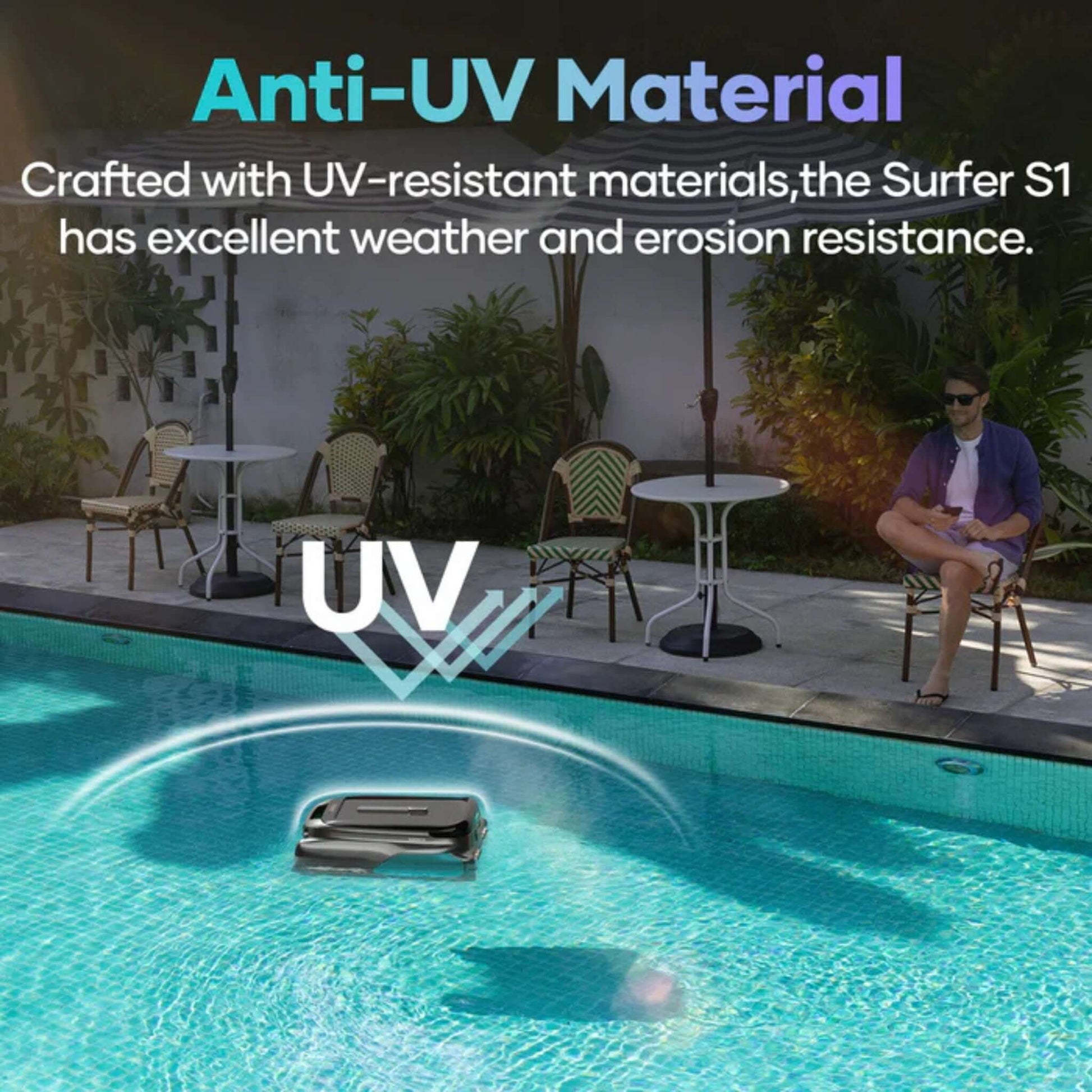 Aiper Surfer S1 Cordless Robotic Pool Skimmer features anti-UV material for protection in outdoor pools. SKU: SOS Pool.