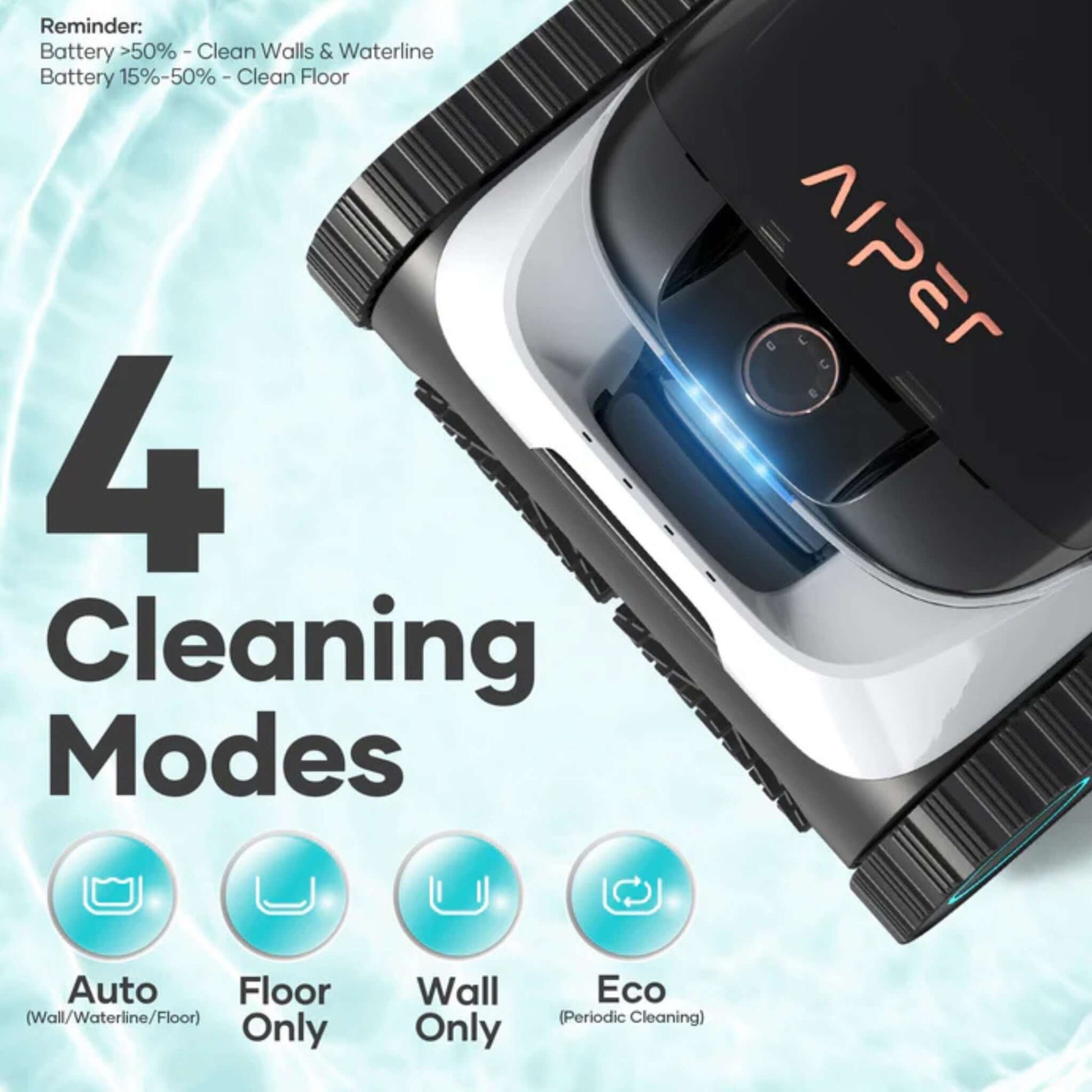 Aiper Scuba N1 Cordless Robotic Pool Cleaner features 4 cleaning modes: Auto, Floor Only, Wall Only, Eco for swimming pools.