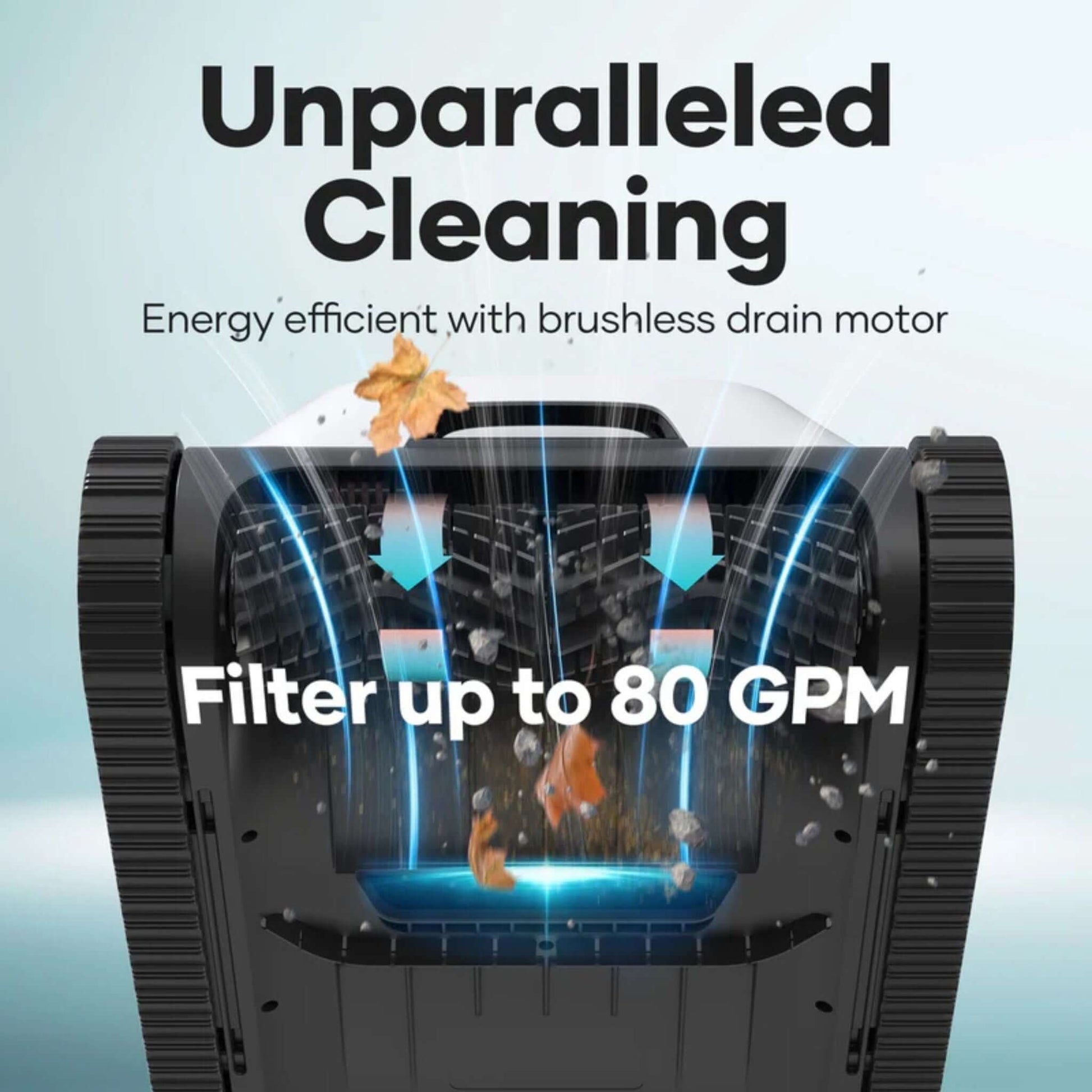 Aiper Scuba N1 Cordless Robotic Pool Cleaner close-up, showcasing energy-efficient brushless drain motor for up to 80 GPM filtration.