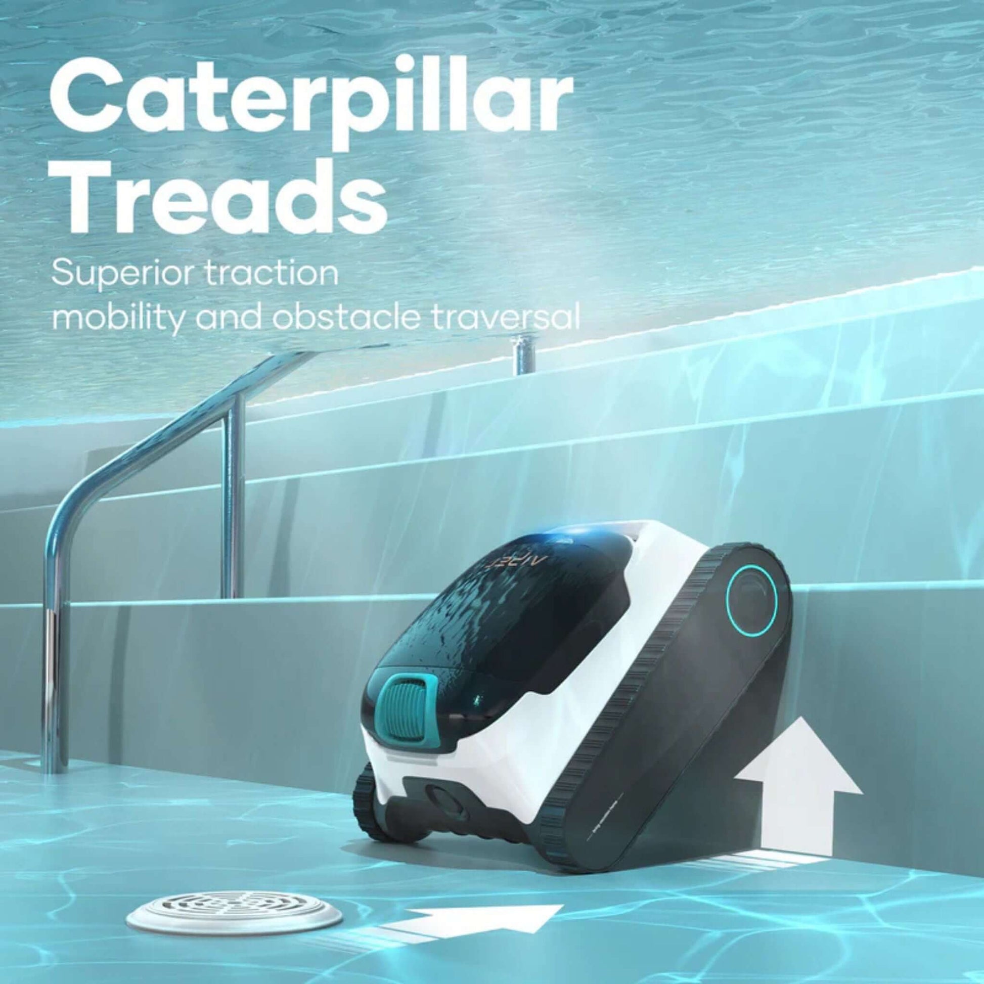 Aiper Scuba N1 Cordless Robotic Pool Cleaner with Caterpillar treads, efficiently climbing pool walls with superior traction.