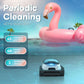 Aiper Scuba N1 Cordless Robotic Pool Cleaner on water with a pink flamingo float, showcasing periodic cleaning stats.
