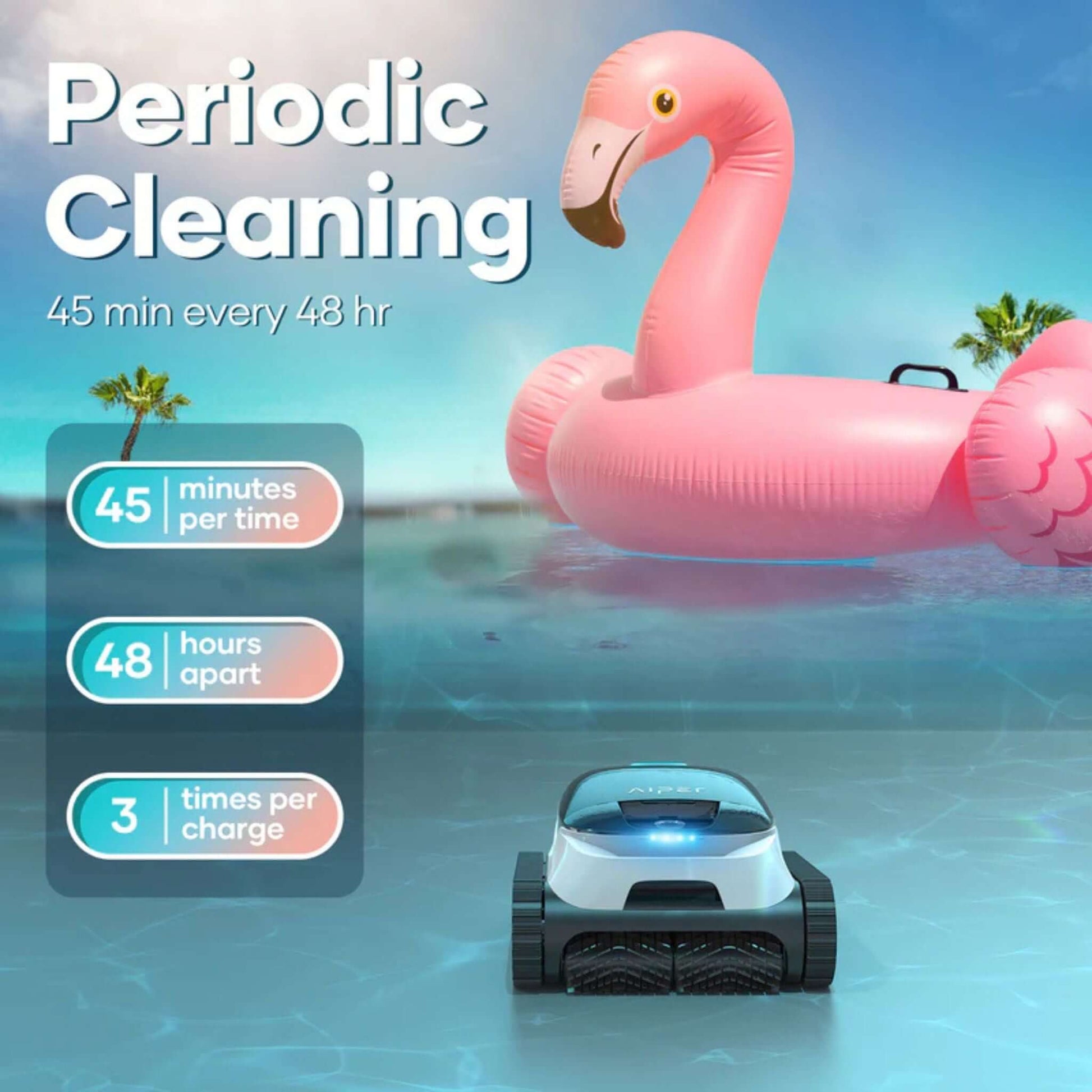 Aiper Scuba N1 Cordless Robotic Pool Cleaner on water with a pink flamingo float, showcasing periodic cleaning stats.