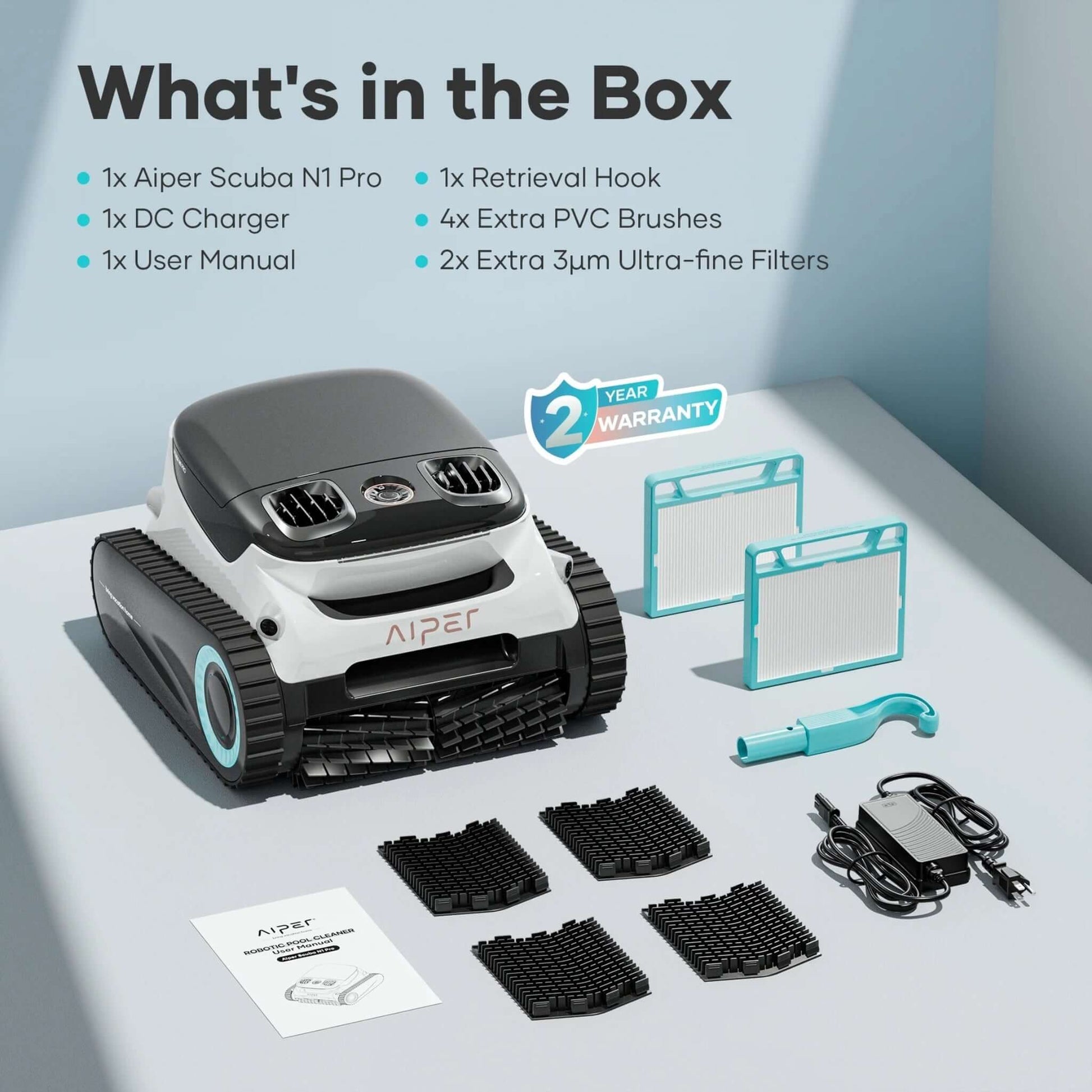 Aiper Scuba N1 Ultra Cordless Robotic Cleaner AI00426365001 box contents including brushes, filters, hook & manual.