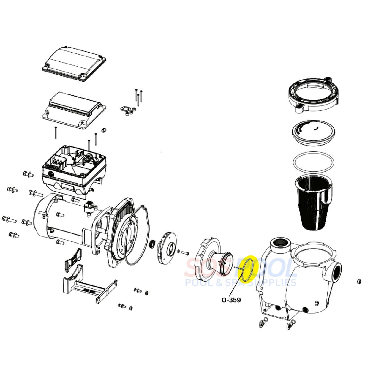 Exploded view diagram of Pentair WhisperFlo pump parts, highlighting Aladdin Diffuser O-Ring O-359 for SOS Pool.