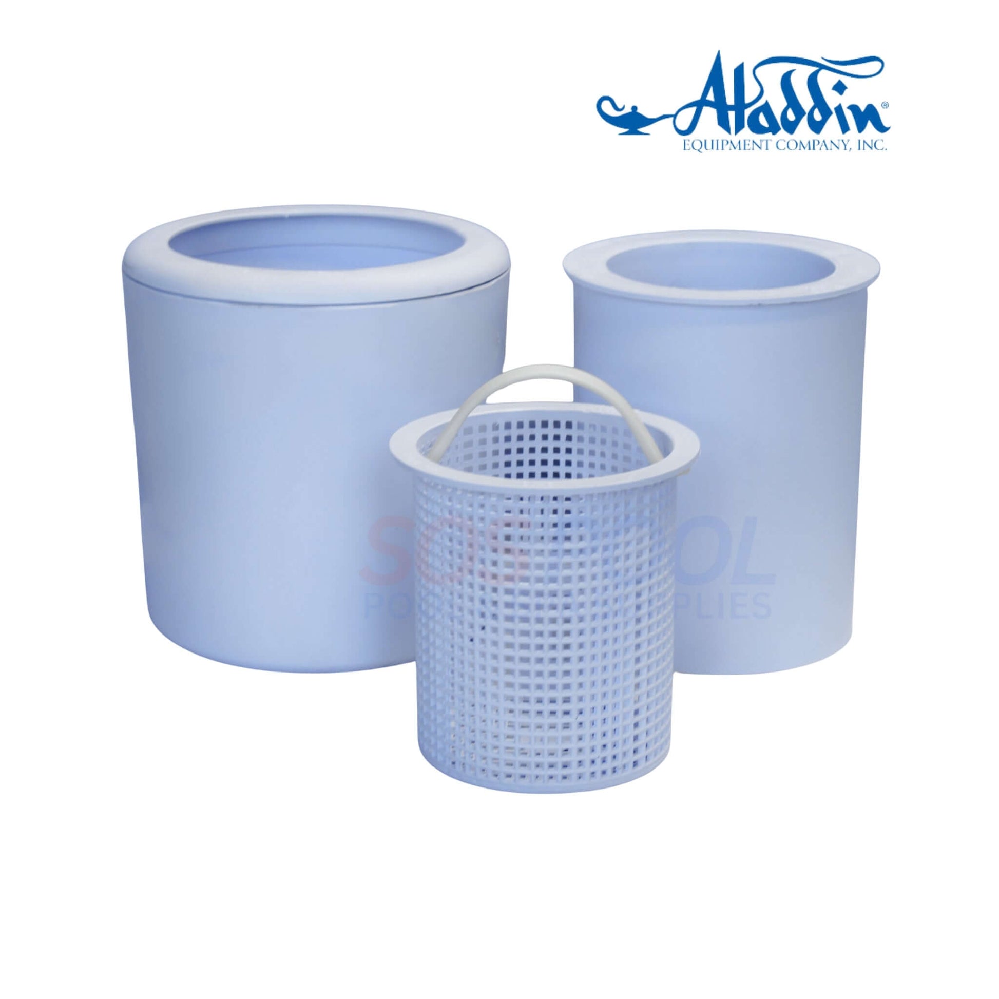 Aladdin No Niche Complete Pond Skimmer | 750/750B parts, featuring three filtration baskets in blue, ideal for SOS pool supplies.