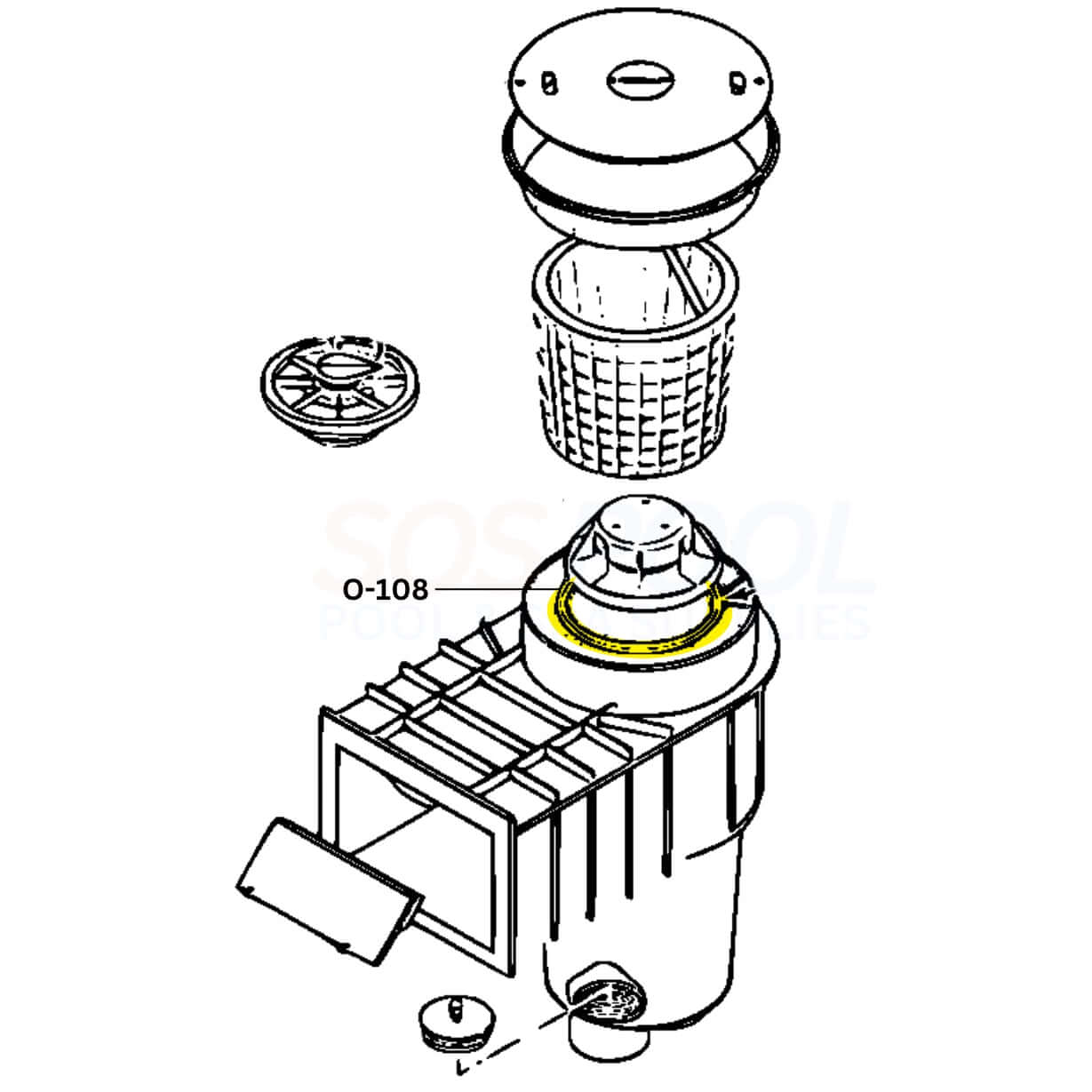 Diagram of Aladdin O-108 O-Ring for Sta-Rite U-3 and WhisperFlo, compatible with OEM 071422, 35505-1273, SOS Pool.