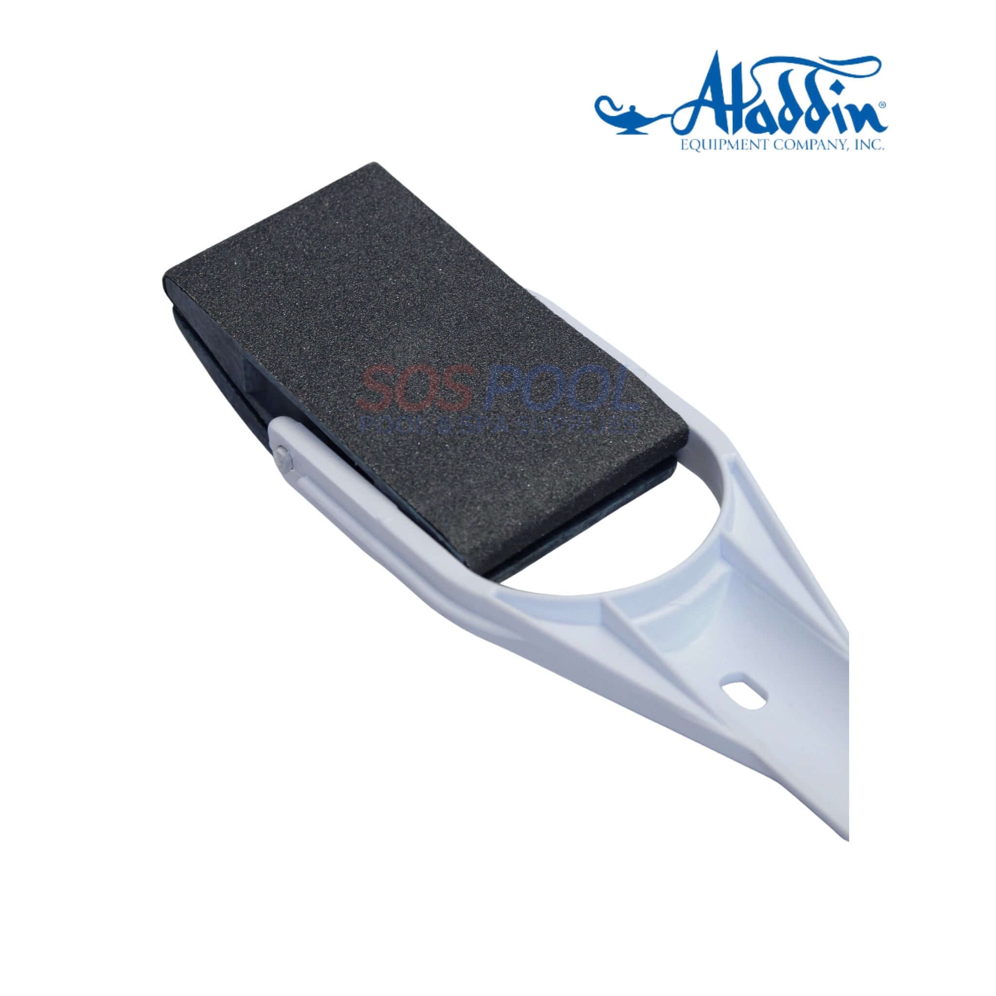 Close-up of Aladdin Super Sander Pool Stain Remover | 908, featuring black abrasive pad on white handle, ideal for pool supplies.
