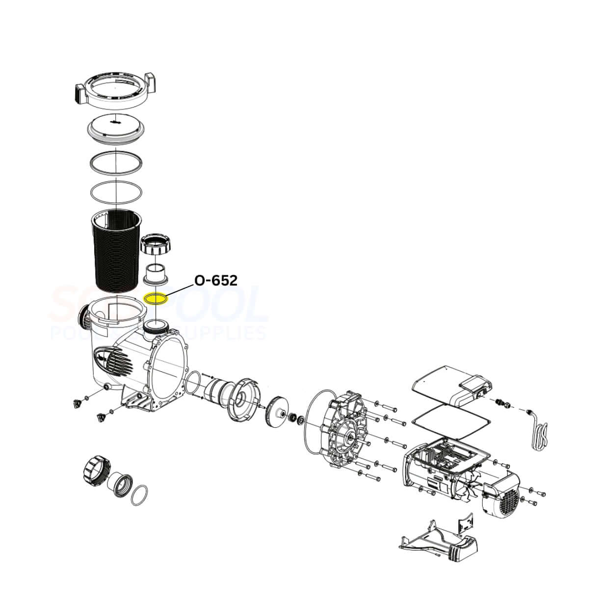 Exploded view of Jandy ePump and Stealth pumps showing the Aladdin O-Ring O-652 installation for SOS Pool.