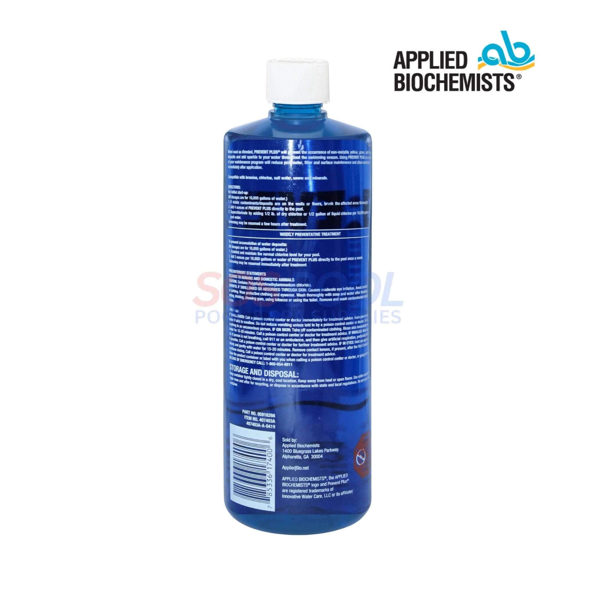 Applied Biochemists Prevent Plus Clarifier 32oz bottle, controls stains, improves water clarity, SOS Pool.