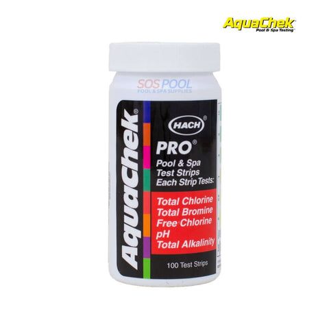 AquaChek Pro 5 in 1 Test Strips, 100 pack, testing total chlorine, bromine, pH, and alkalinity for SOS Pool care.
