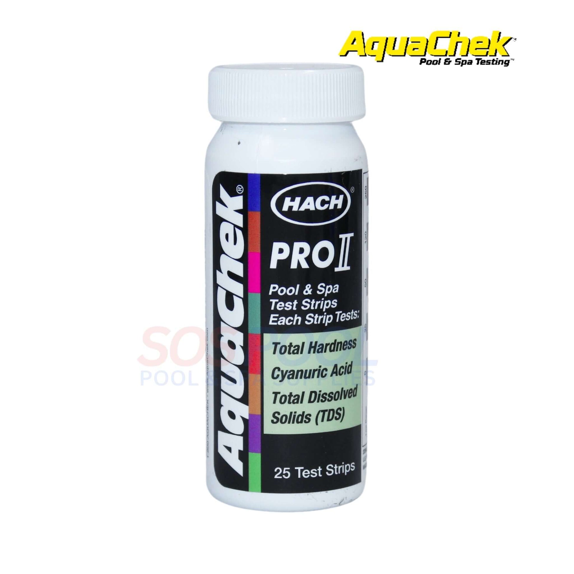 AquaChek Pro II 4-in-1 Test Strips for pools and spas measuring hardness, cyanuric acid, and TDS. 25 test strips.