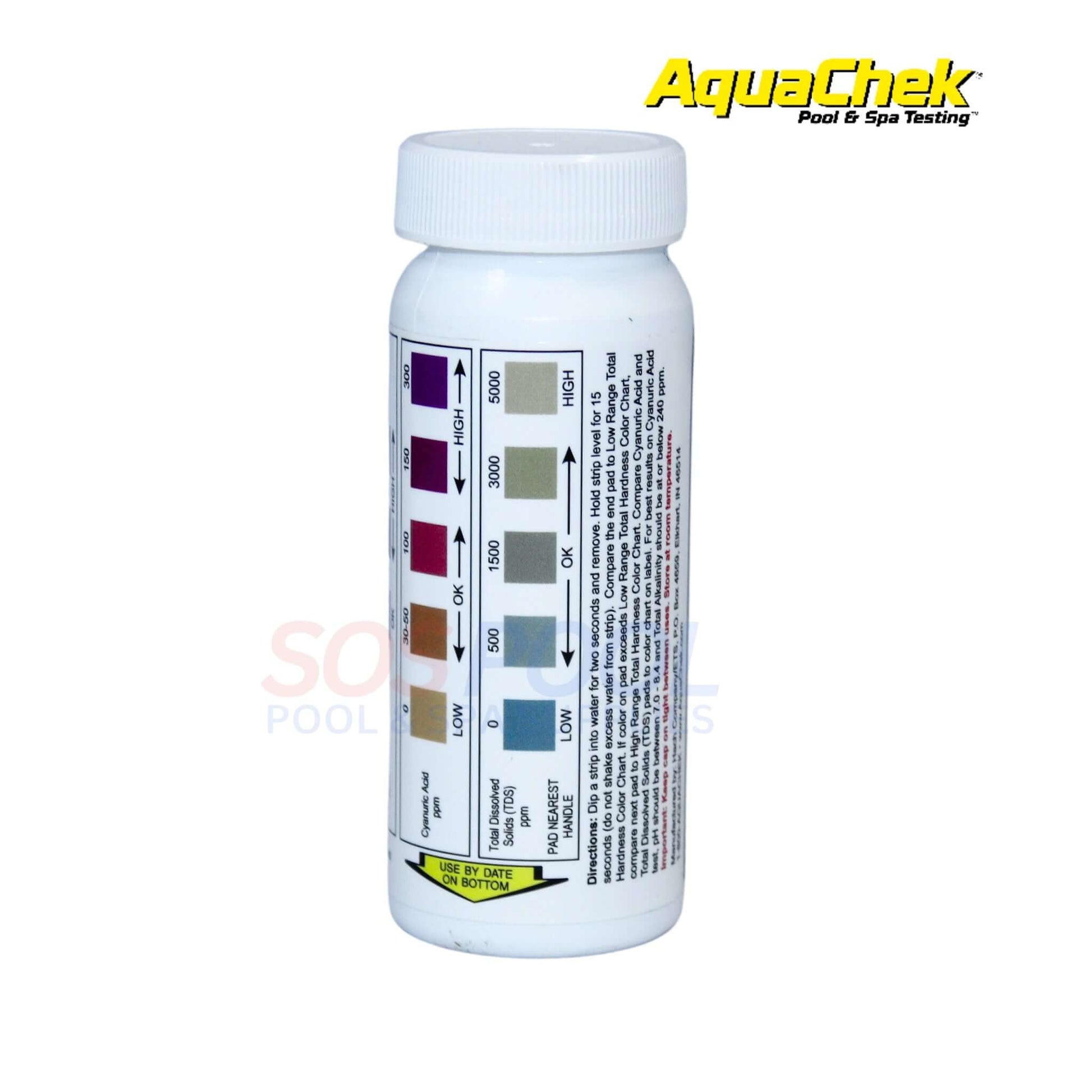 AquaChek Pro II 4-in-1 Test Strips for pools and spas, measuring TDS, hardness, and cyanuric acid, SOS Pool.