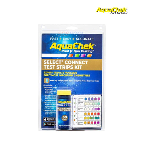AquaChek Select Connect 7-in-1 Test Strips Kit for Pool and Spa, includes 50 strips for accurate water chemistry testing.