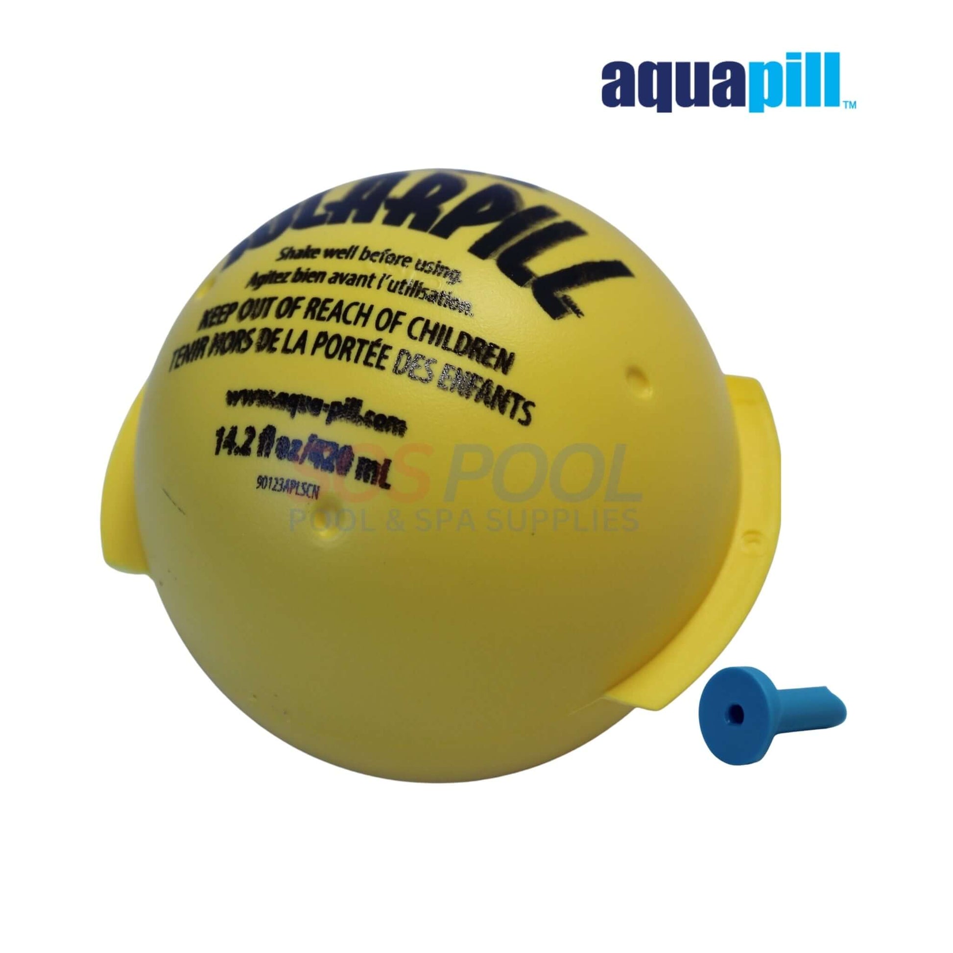 AquaPill SolarPill Liquid Solar Blanket 30K Gallons | 90223APL, yellow pill with blue skimmer plug, for pool supplies.