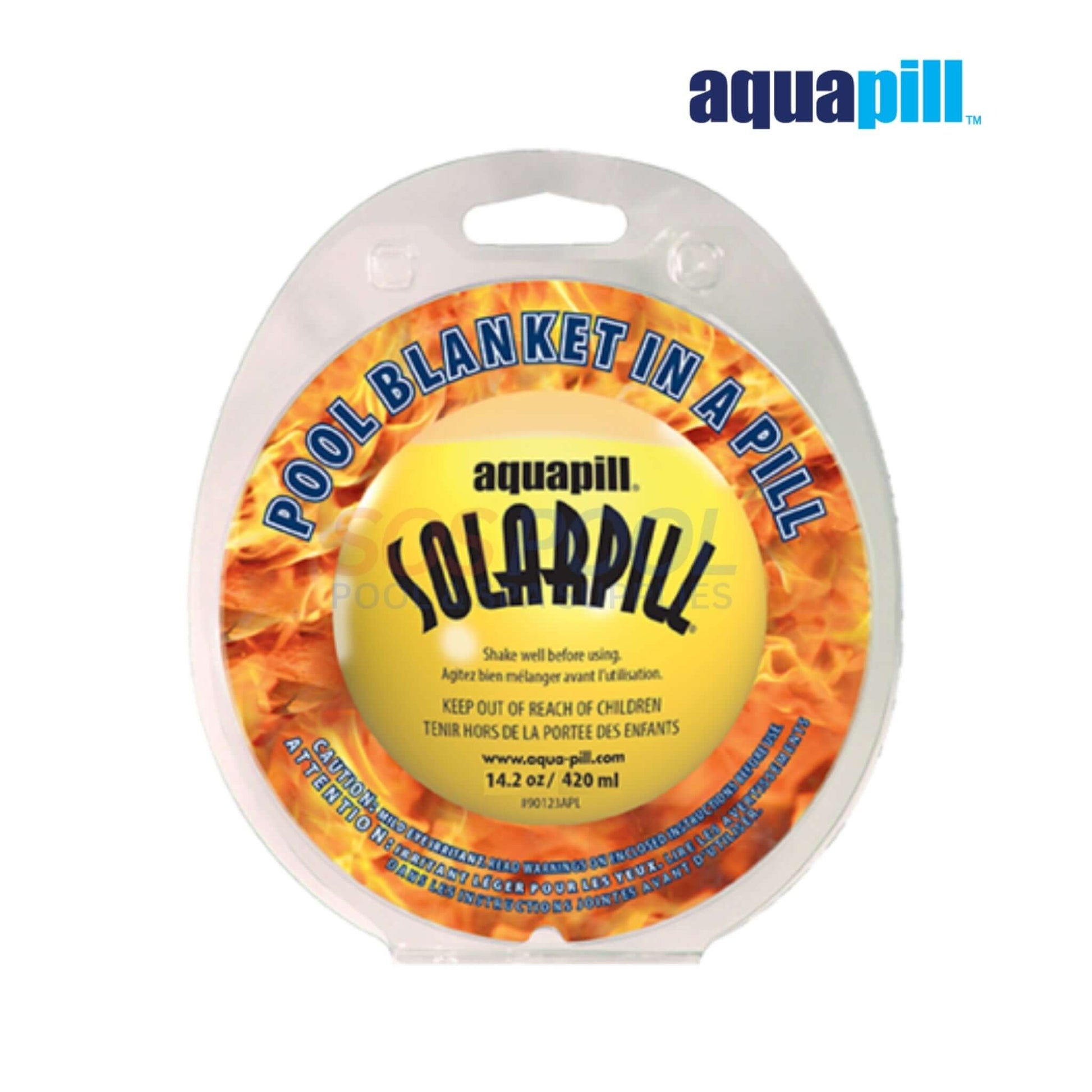 AquaPill SolarPill Liquid Solar Blanket 30K Gallons | 90223APL packaging, orange design, pool blanket solution for SOS pool supplies.