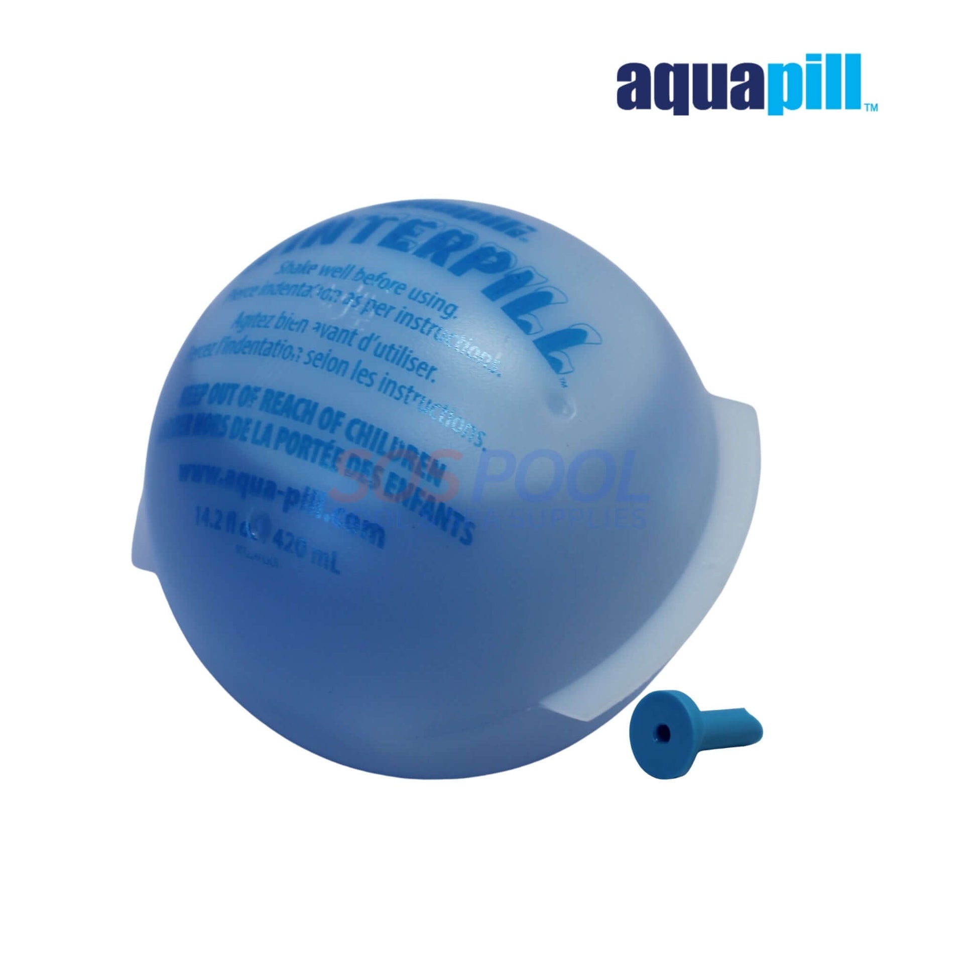 AquaPill WinterPill Pool Winterizer 30k Gallons | 90222APL blue floating capsule for pool winter care with SOS Pool logo.