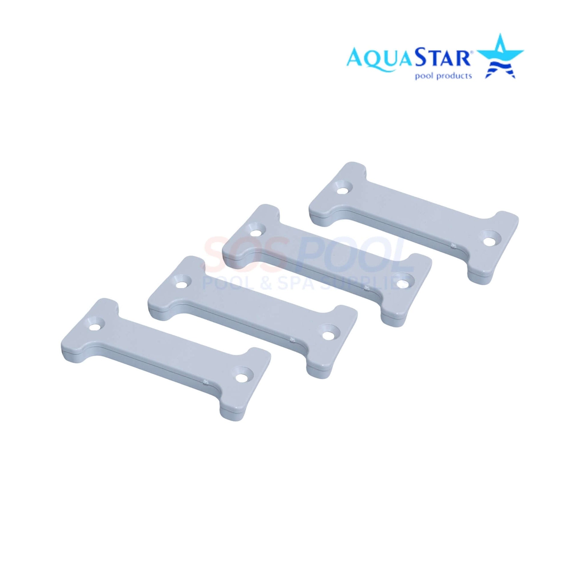 AquaStar pool products, four gray channel drain mounting brackets, SOS Pool for efficient pool maintenance.