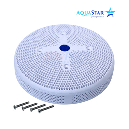 AquaStar 6" Round Suction Outlet Drain Cover, White, for pool systems, SKU 6HPHA101, includes screws.