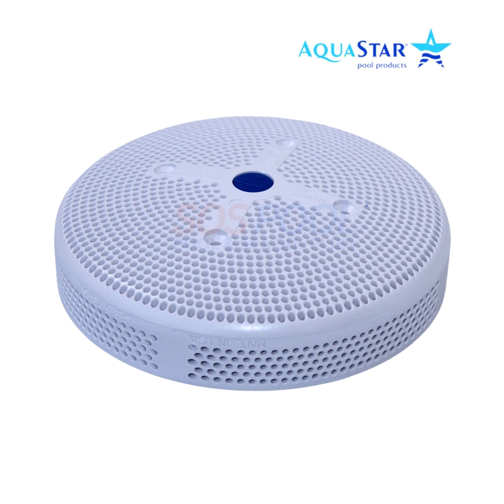 AquaStar 6" Round Suction Outlet Drain Cover in white, model 6HPHA101, compatible with SOS Pool systems.