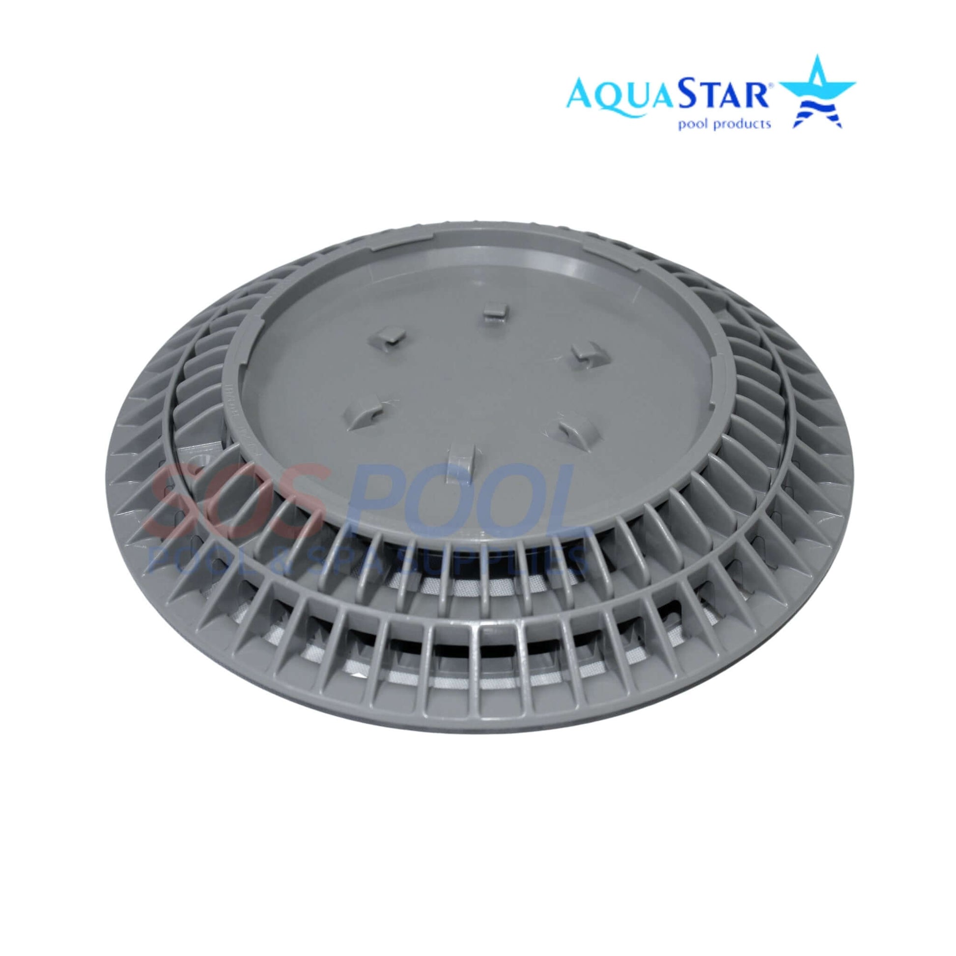 AquaStar CC8103 gray suction outlet cover for pools and spas, 8-inch round, UV-resistant, SOS Pool compliant.