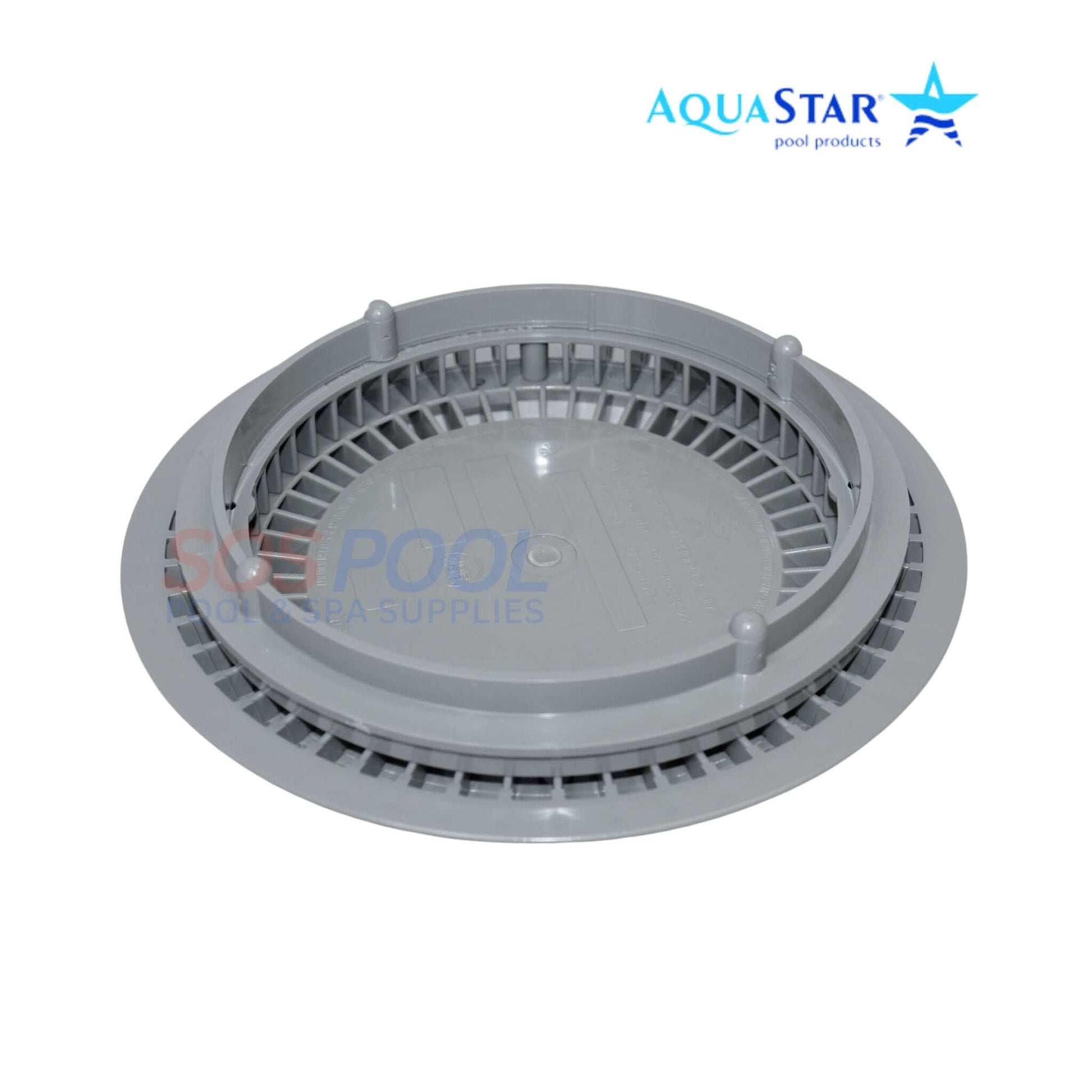 AquaStar CC8103 gray 8-inch suction outlet cover for pools and spas, UV-resistant, SOS Pool compliant.