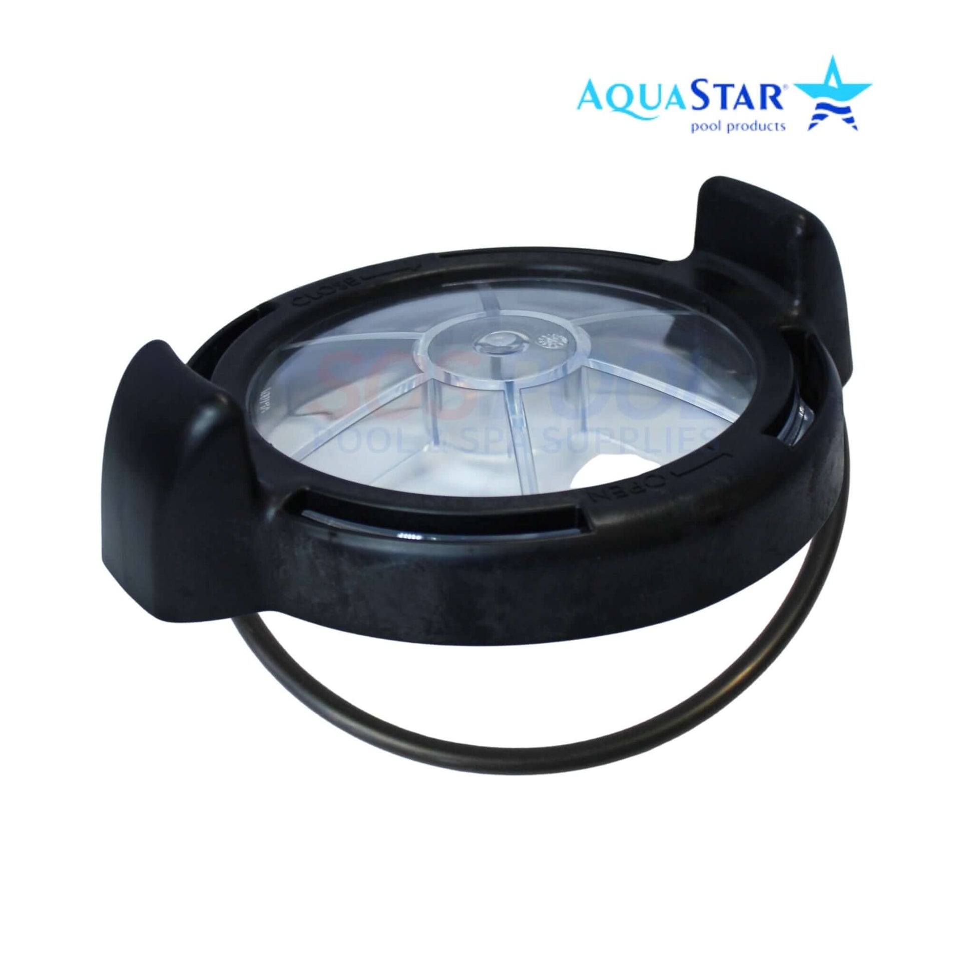 AquaStar AP1101 locking ring cover and O-Ring assembly for Pipeline Pump, featuring a clear cover and black frame, ideal for pool supplies.
