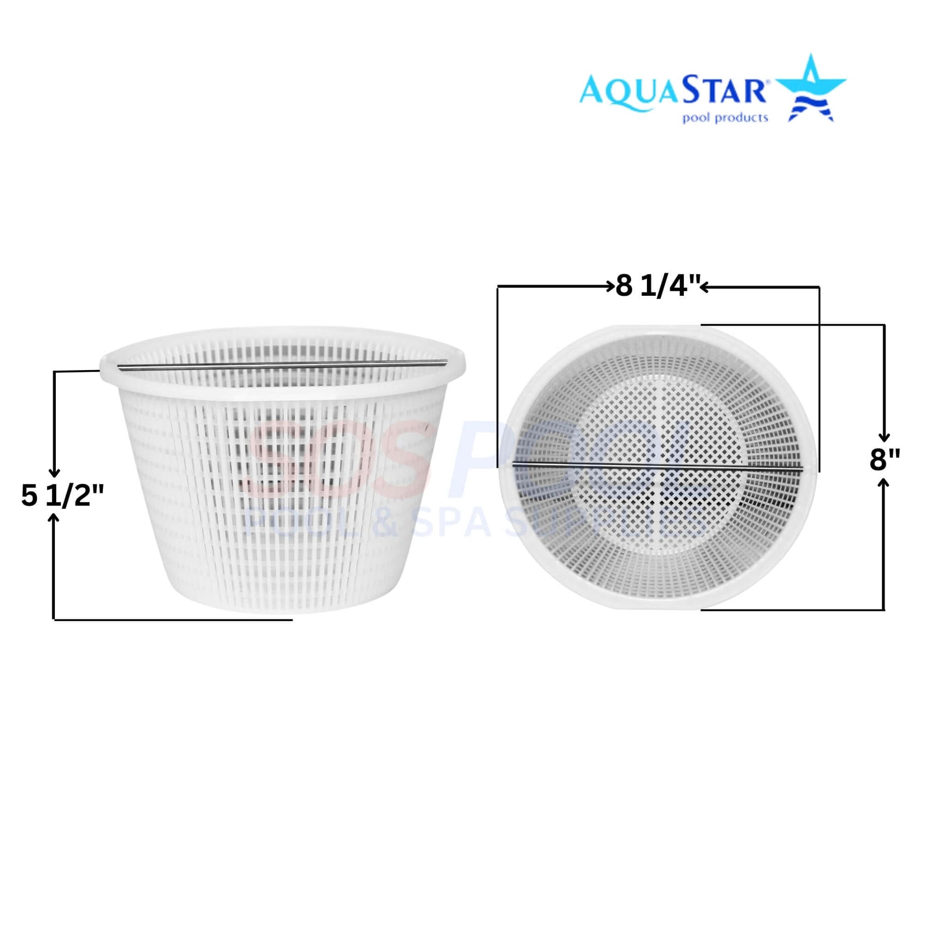 AquaStar Skimmer Basket SK6 with dimensions 8.25" diameter, 5.5" height for SOS Pool, features stainless steel handle.