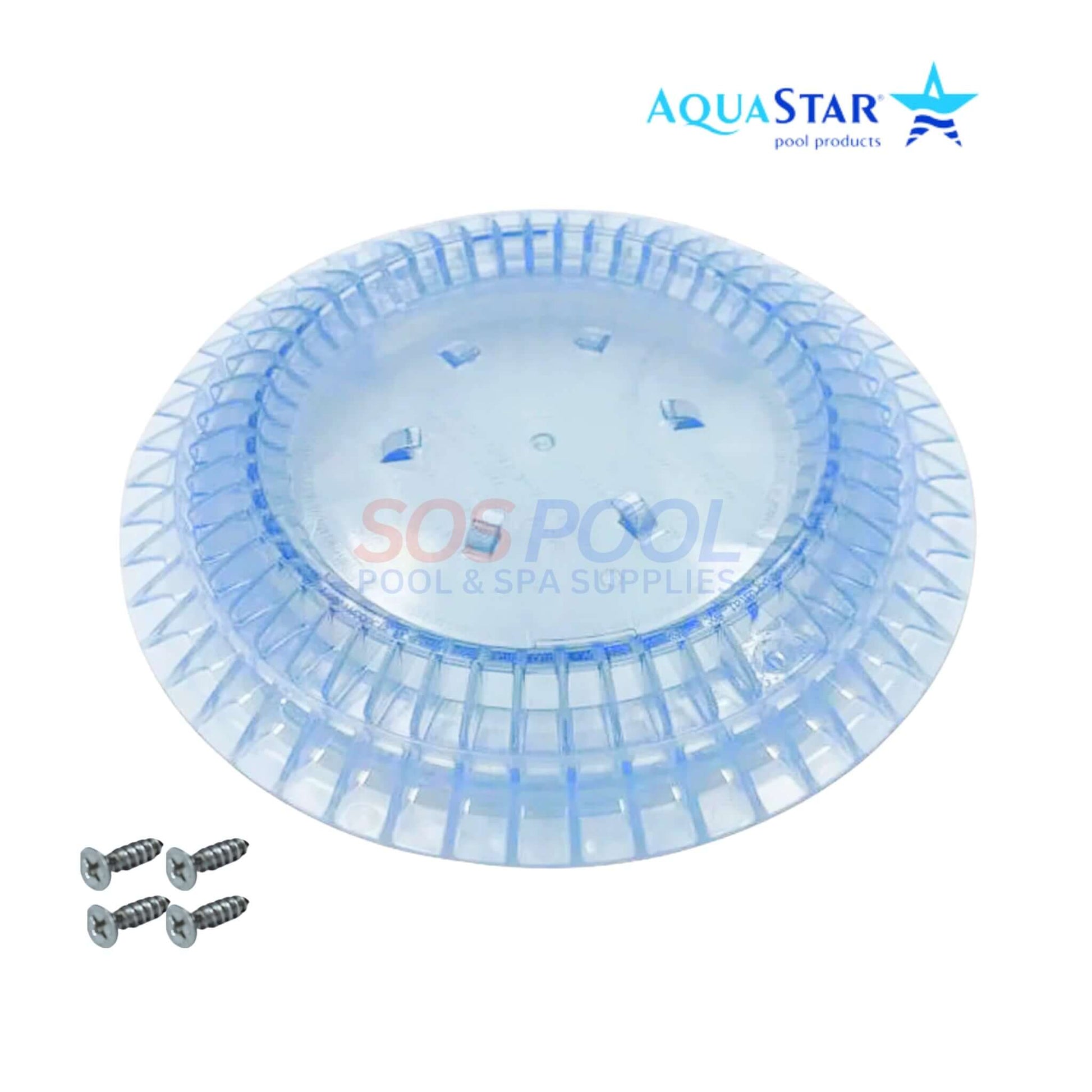 AquaStar CC8100 clear suction outlet cover for pools, 8-inch round drain cover from SOS Pool with screws.